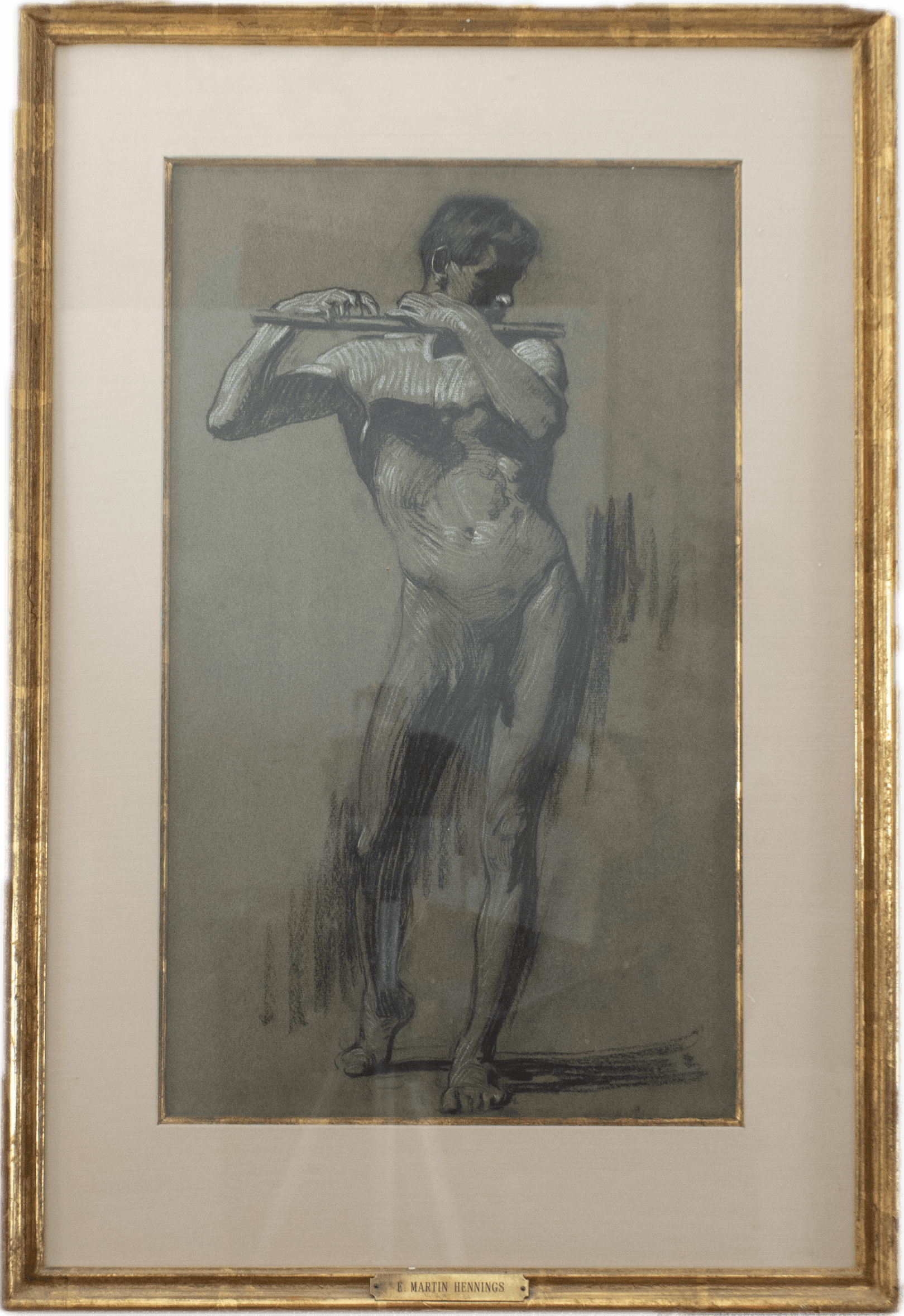 A female figure study from behind, rendered in chalk and pastel with soft tonal gradations capturing the curves and contours of the human form in academic drawing style.