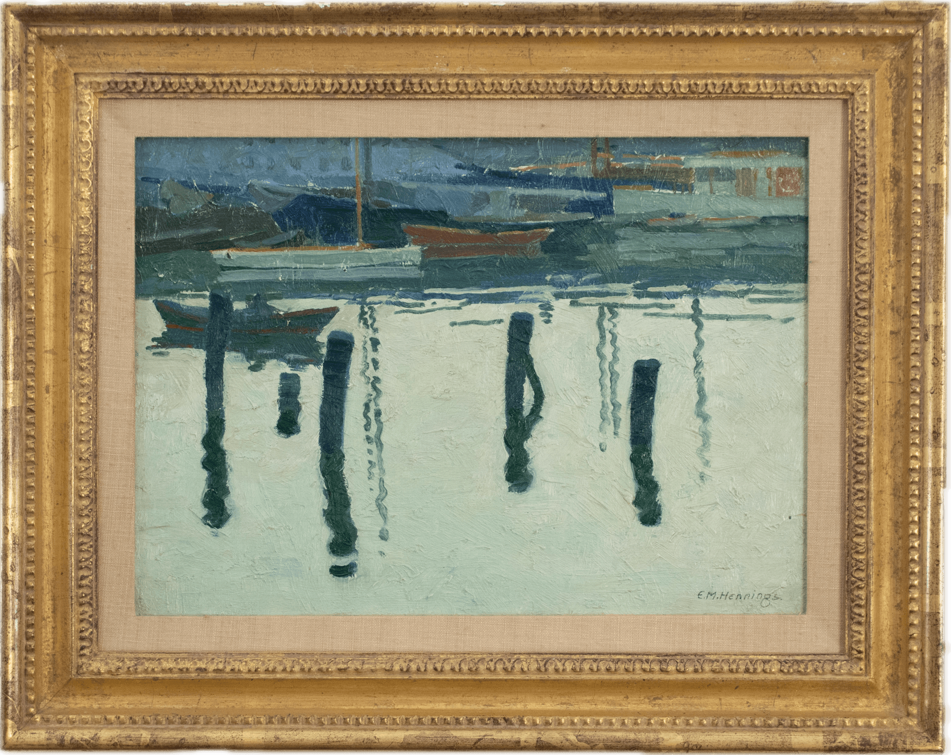 Colorful sailboats moored in a harbor with wooden pilings in the foreground casting reflections on pale green water, painted in loose Impressionist brushstrokes with vibrant reds, yellows, and teal greens.