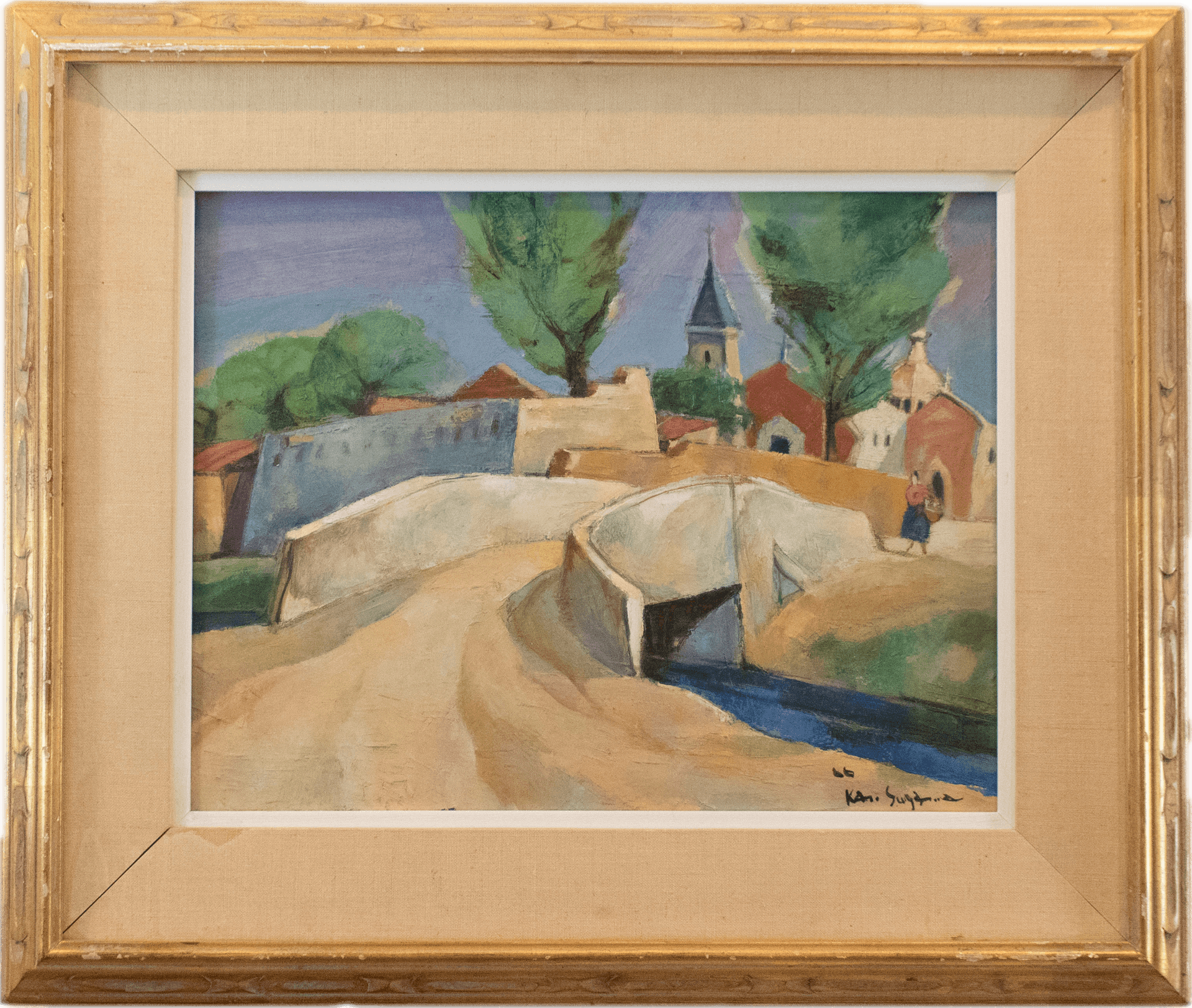 A stone bridge spanning a river with trees along the banks reflecting in calm water, painted in greens and soft earth tones in the pastoral landscape tradition.