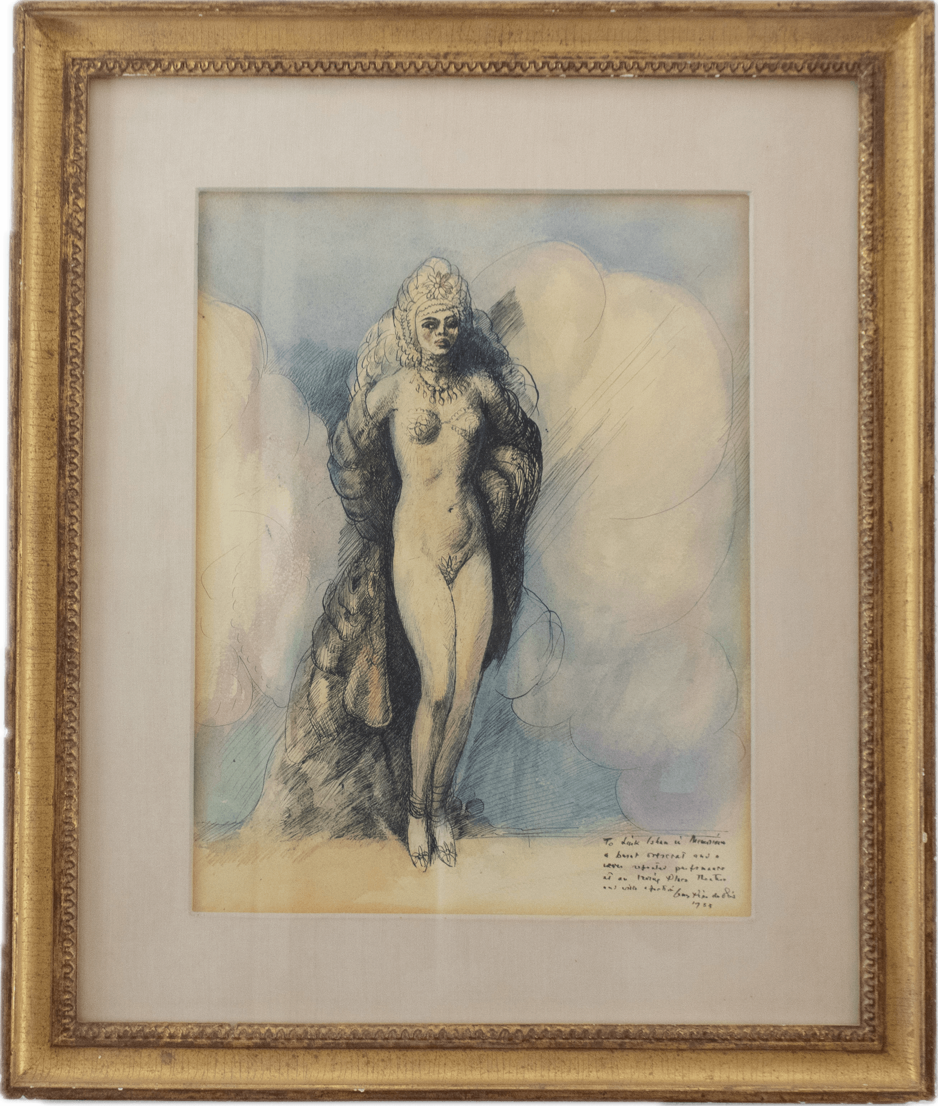 A burlesque dancer in an elaborate feathered costume and headdress, rendered in watercolor and ink with soft washes capturing the theatrical glamour of mid-century American entertainment.