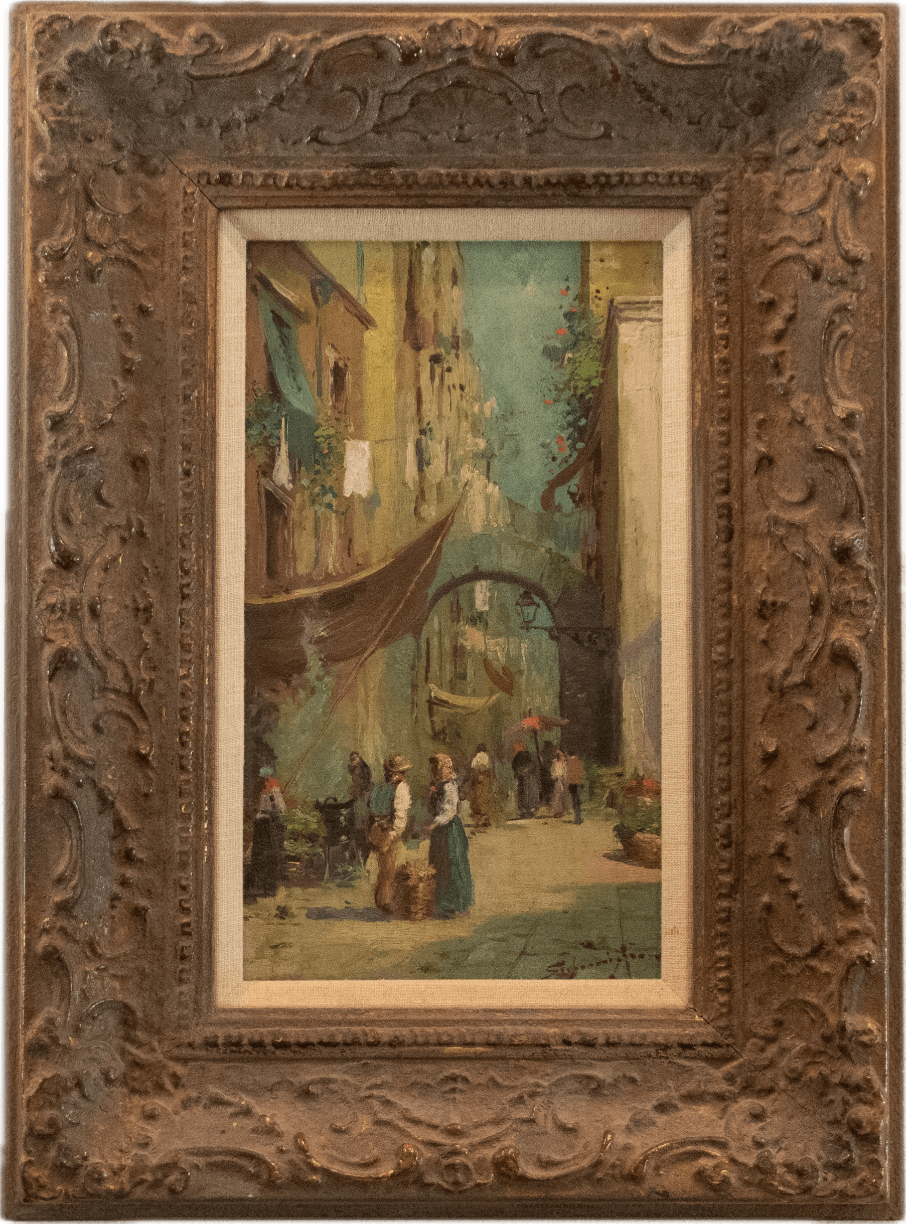 A narrow European street scene with tall buildings, figures in period dress, and a stone archway, painted in soft greens, yellows, and warm tones capturing the intimate atmosphere of an old city quarter.