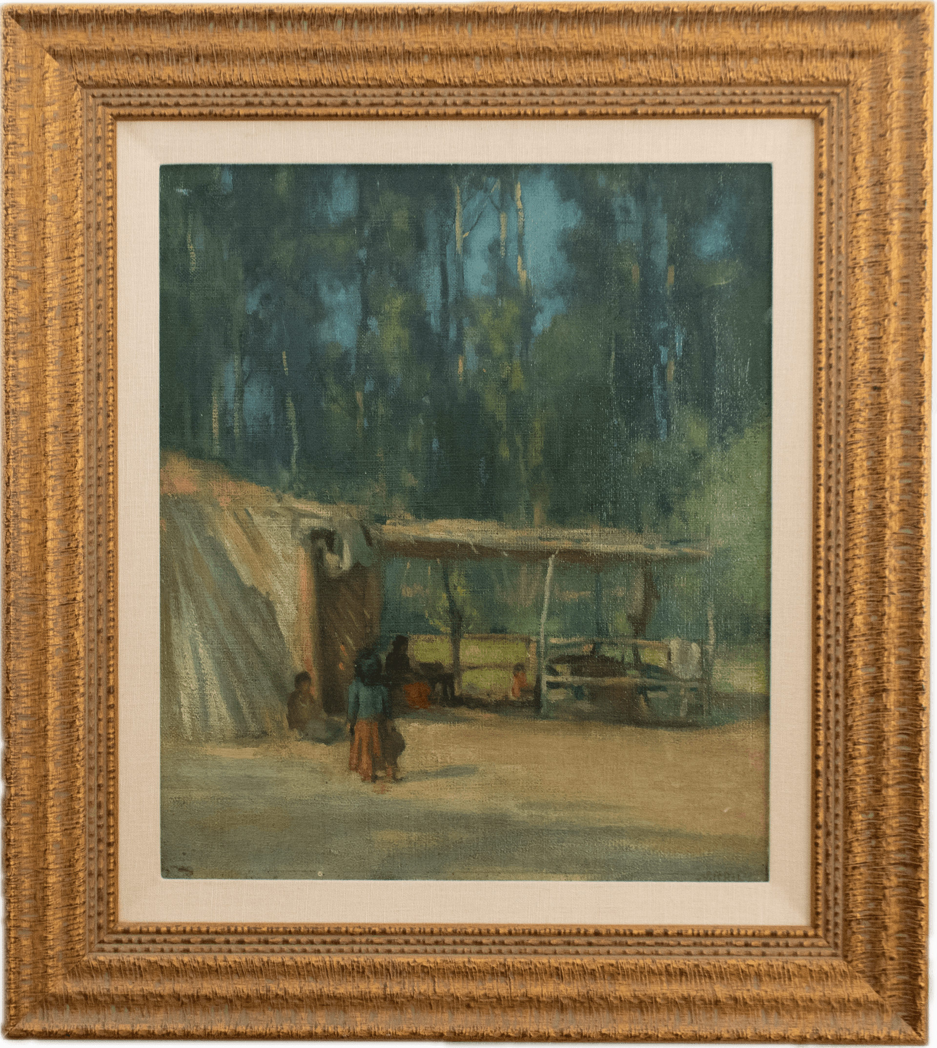 A rustic campsite with canvas tents and Native American figures beneath tall eucalyptus trees in deep green shadow, capturing the atmosphere of traditional Western encampment life in muted earth tones.