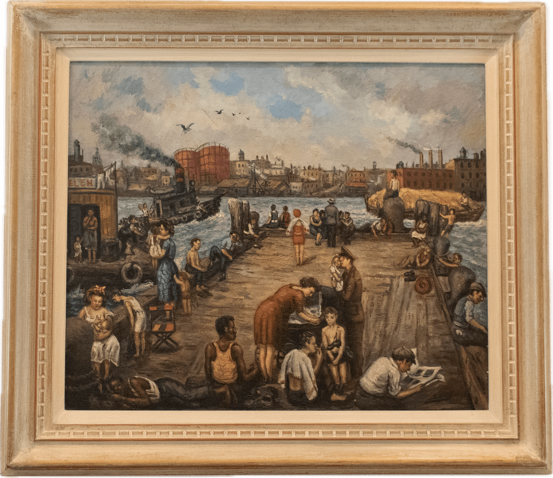 A bustling urban scene of New Yorkers on a pier overlooking the East River with industrial buildings and smokestacks in the background, depicting working-class city life in the Social Realist tradition of 1940s American art.