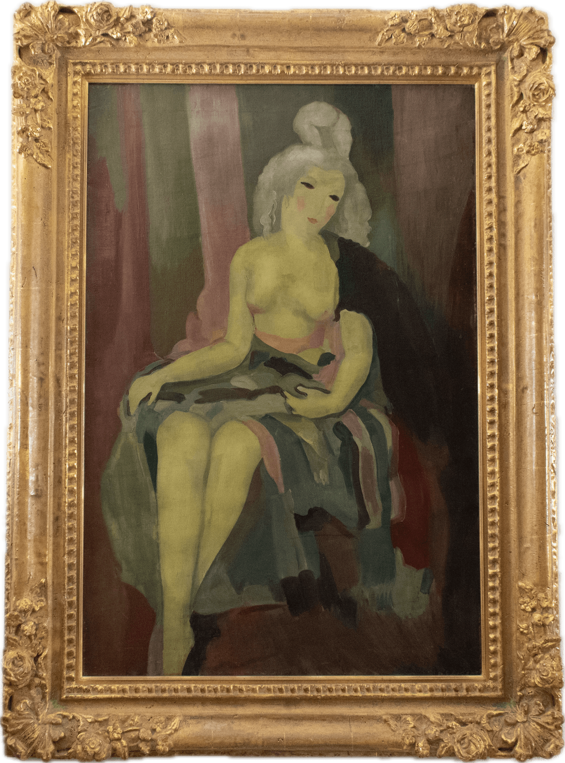 A stylized female figure with pale skin and white hair seated in a multicolored skirt against muted mauve and green drapery, painted in the distinctive pastel palette and dreamlike aesthetic of School of Paris modernism.