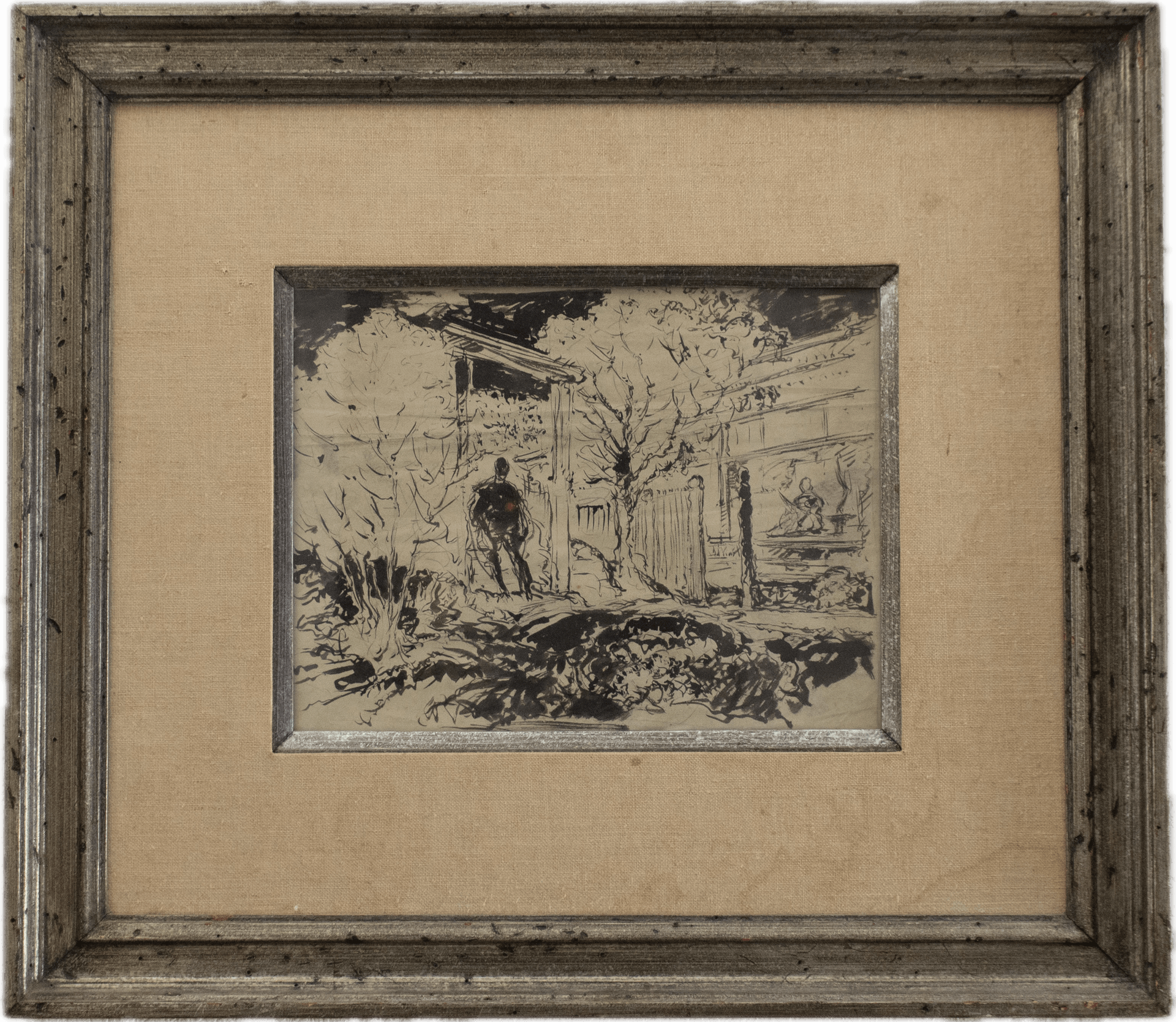 A figure seated on a park bench amid trees and foliage, rendered in loose ink lines capturing a quiet moment of urban leisure.