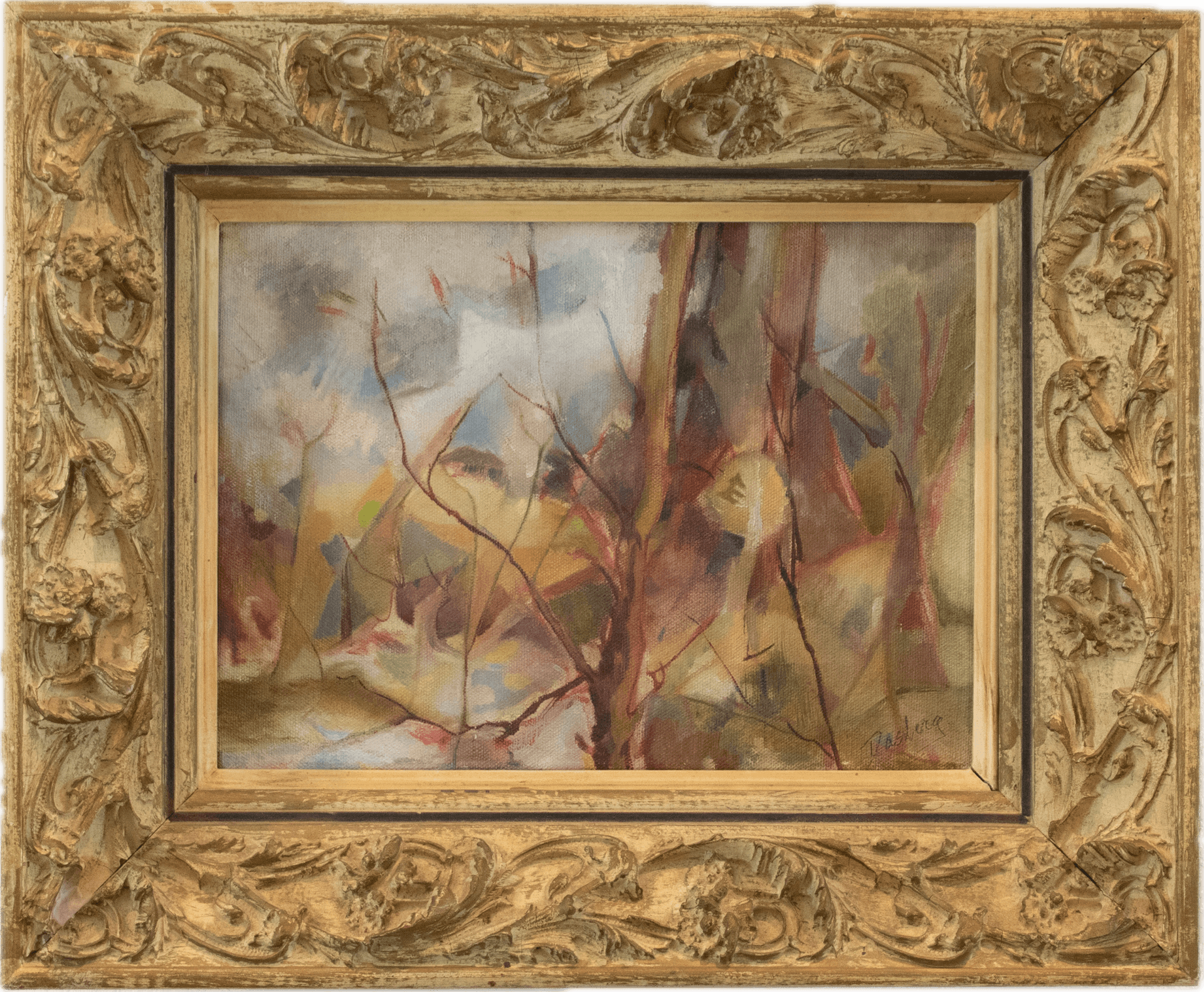 An abstract forest interior with slender tree trunks and branches in warm browns, ochres, and soft blues, rendered in a semi-abstract modernist style with fragmented planes characteristic of American Cubist-influenced painting.
