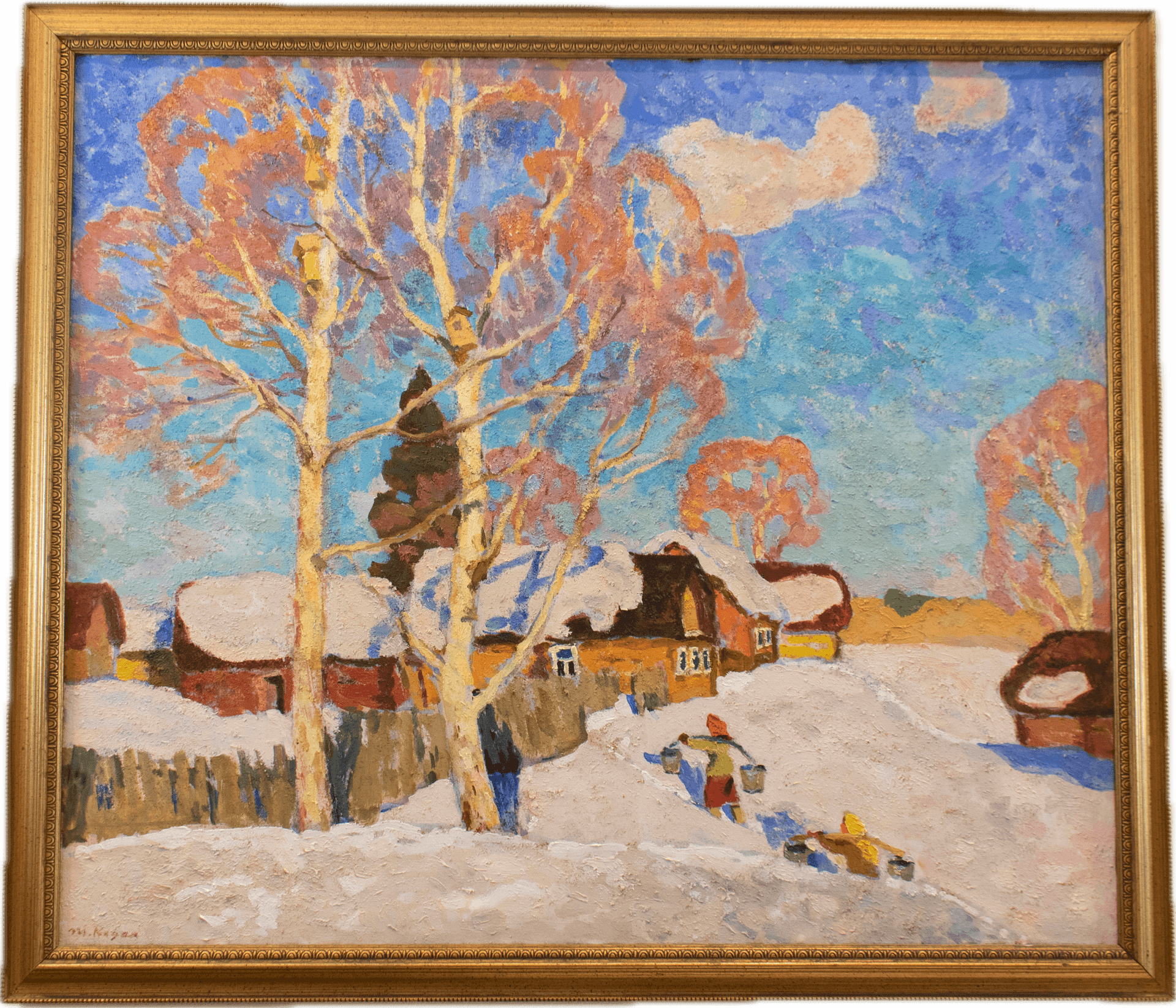 A winter landscape with bare birch trees standing in snow under golden sunlight filtering through the branches, painted in bright whites, warm yellows, and cool blues capturing the crystalline beauty of a frosty morning.