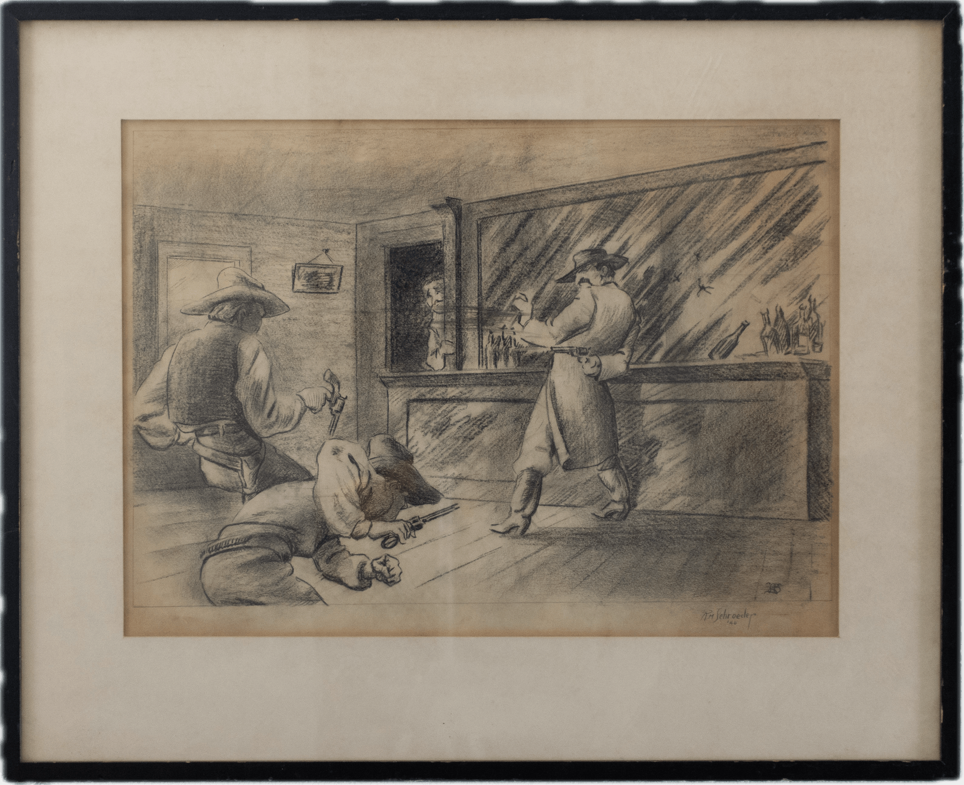 A dramatic Old West saloon scene with cowboys engaged in a gunfight, detailed pencil work capturing the tension and action of frontier American life in the Western illustration tradition.