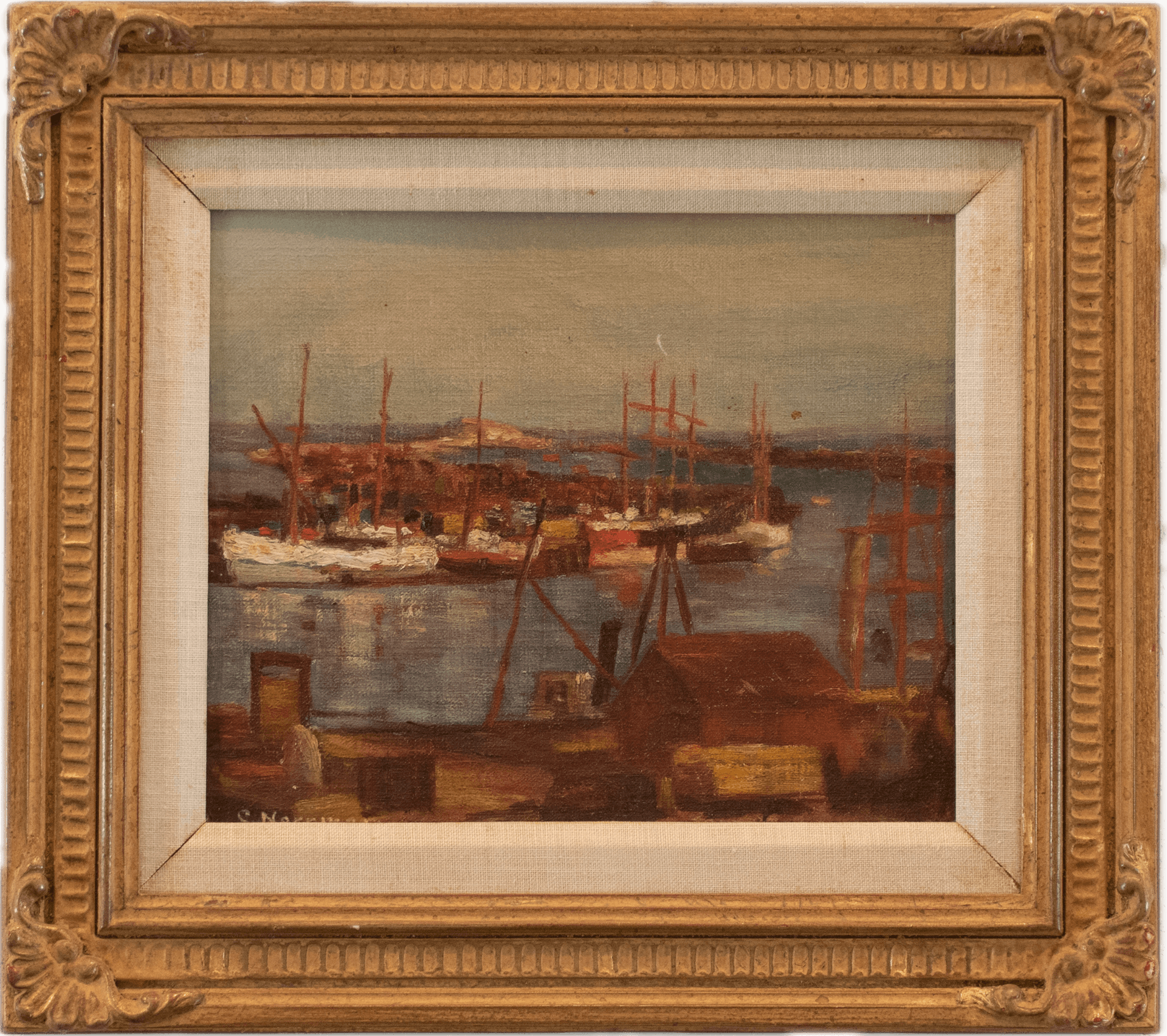 Fishing boats with tall masts moored in a harbor at dusk, with dock structures in the foreground, painted in warm browns and soft atmospheric blues in the tradition of American maritime painting.