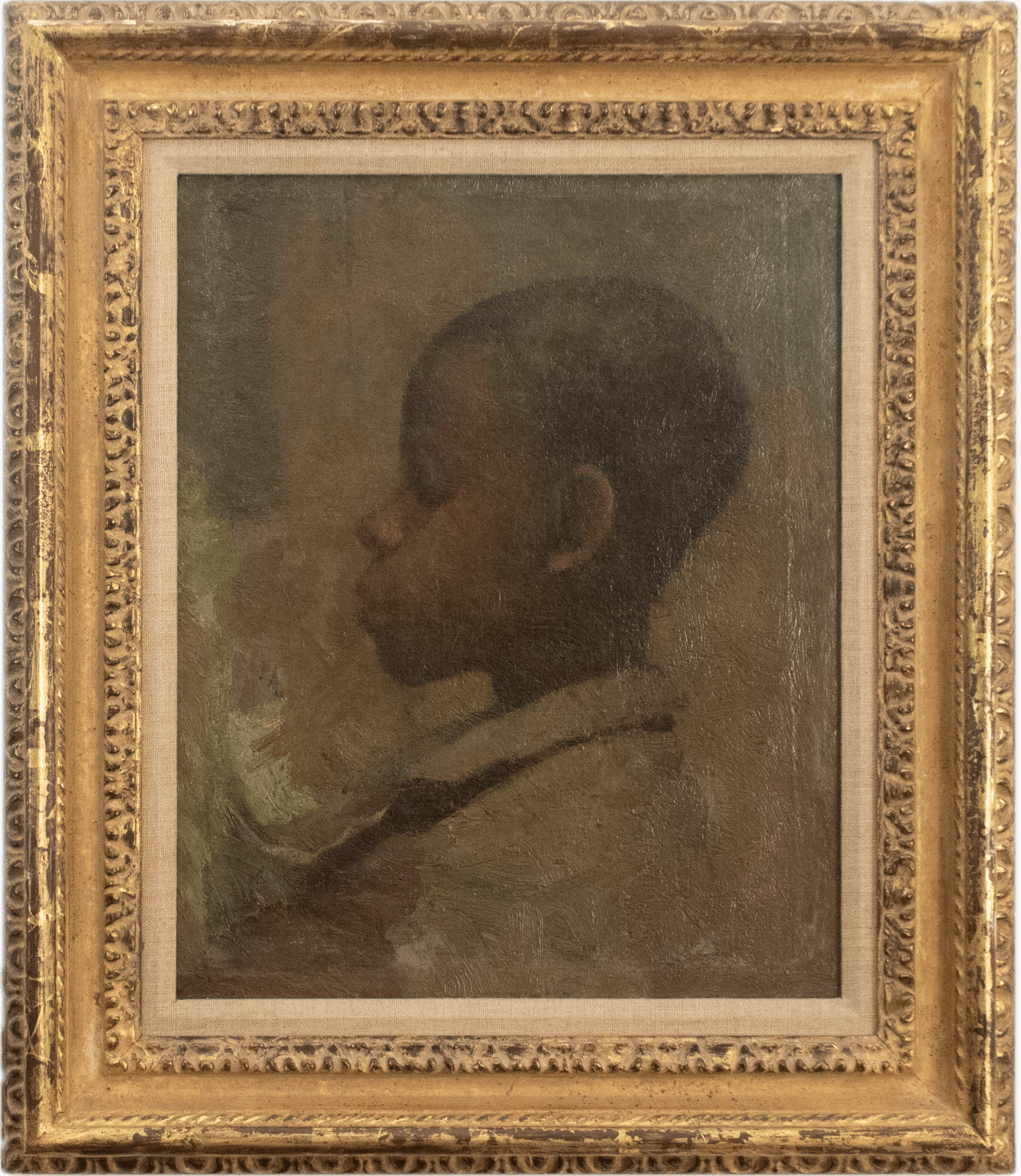 A sensitive profile portrait of a young African American boy gazing leftward, rendered in soft tonal greens and browns with delicate Impressionist brushwork that captures the subject's contemplative expression and dignified bearing.