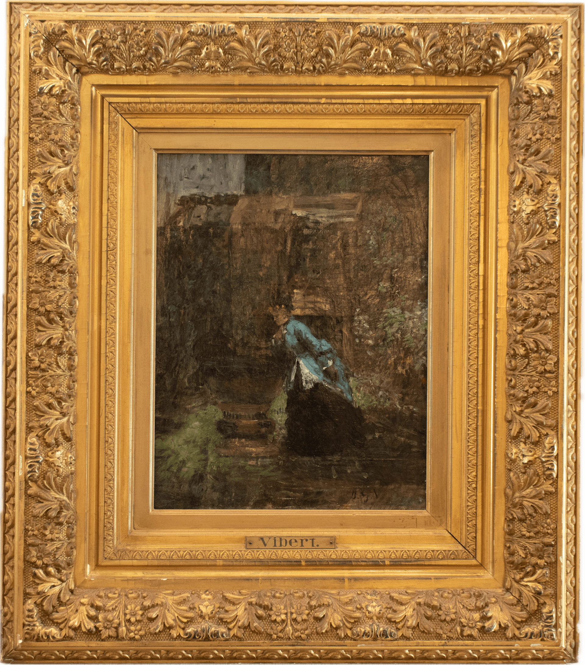 A gentleman in a garden setting surrounded by lush foliage and flowers, painted in the refined academic style of French Salon painting with delicate detail and rich coloring.