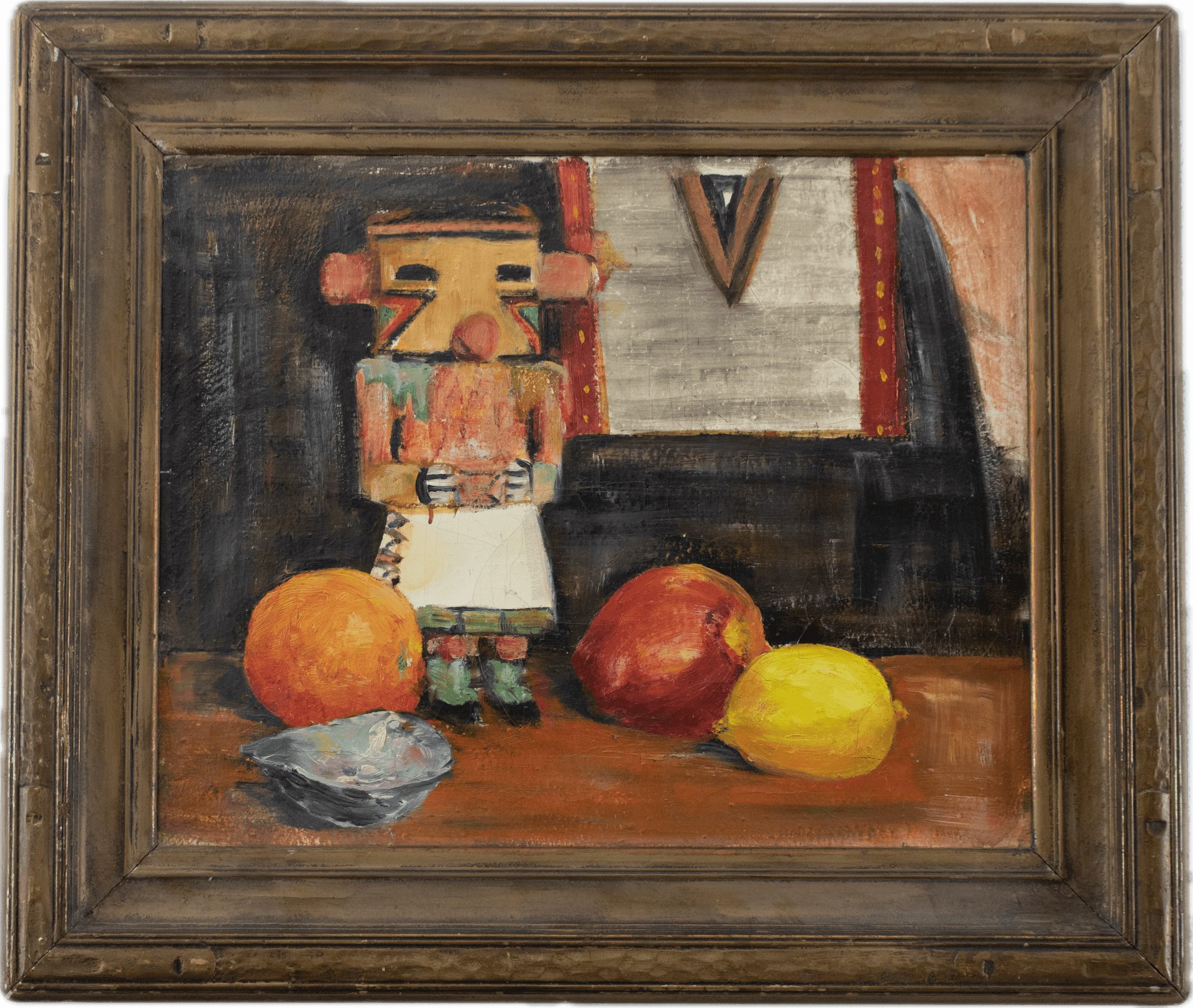 A still life featuring a colorful Native American Kachina doll beside fresh fruit on a table, painted in warm earth tones capturing the folk art traditions of the American Southwest.