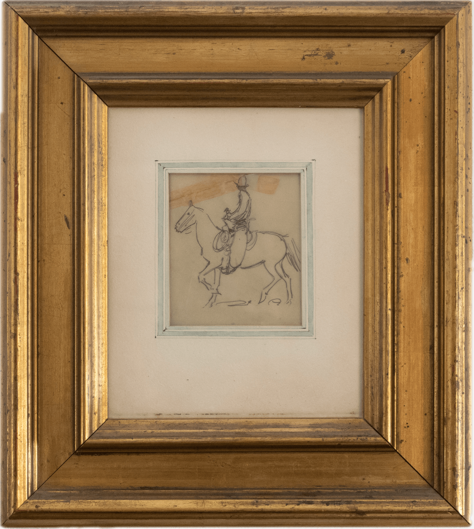 A cowboy mounted on horseback in the open landscape, sketched with fluid lines in the Western American illustration tradition capturing the iconic image of frontier life.