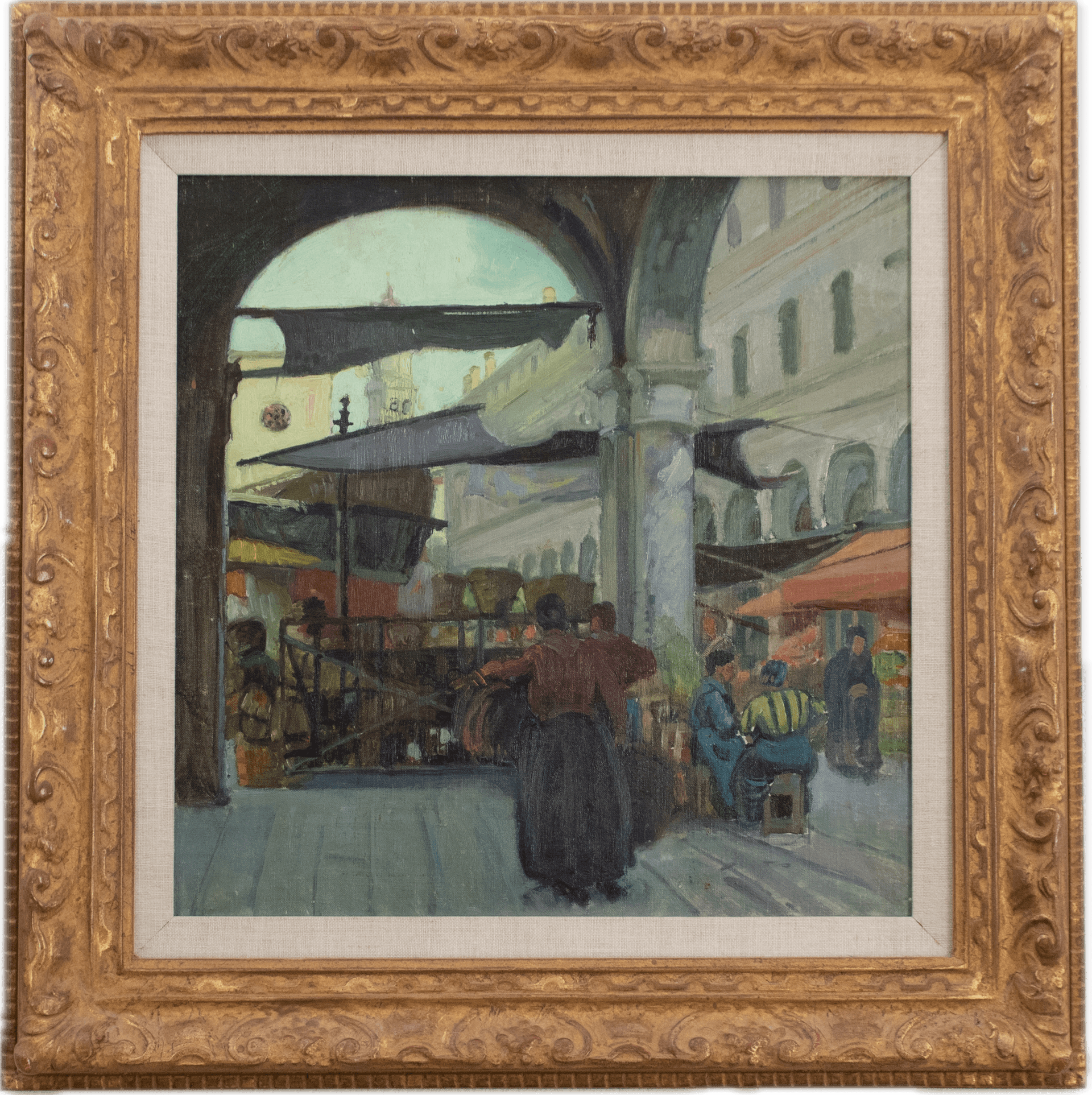 A bustling Venetian market scene viewed through a stone archway, with vendors under colorful awnings and figures in period dress moving through the atmospheric arcade, rendered in cool grays and soft atmospheric tones.