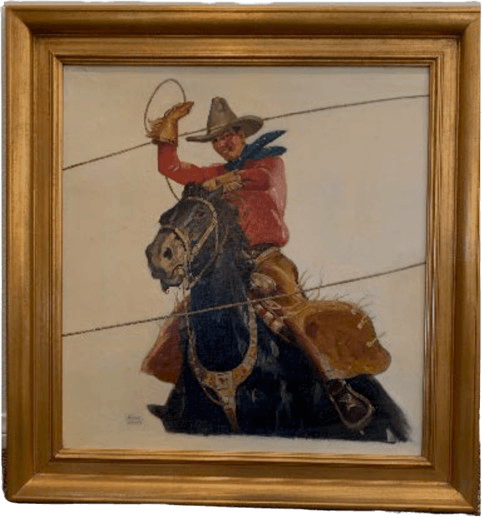 A dynamic rodeo scene featuring cowboy Monty Montana in red shirt on horseback swinging a lasso, capturing the action and energy of Western American rodeo tradition with bold colors and movement.