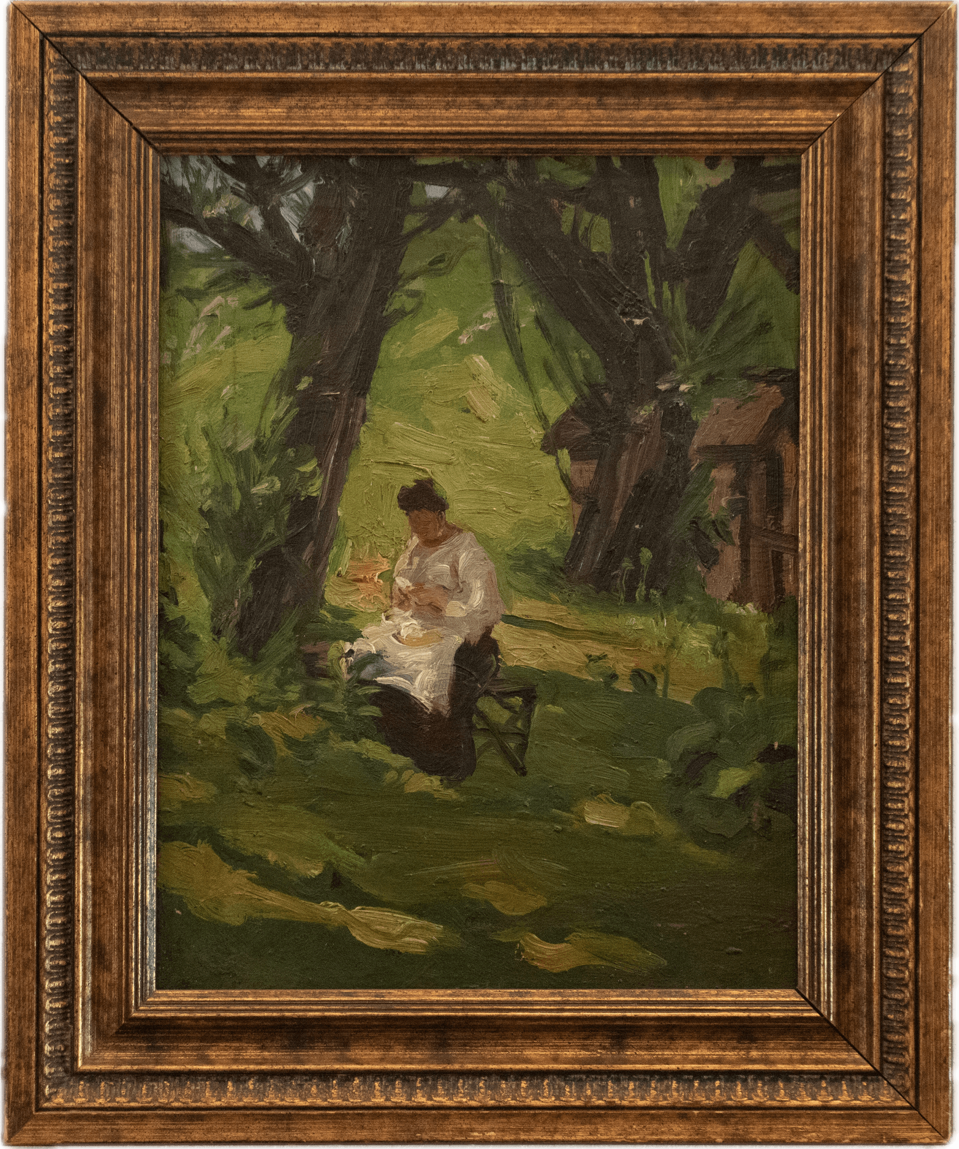 A woman in white seated reading in a dappled garden beneath large trees, sunlight filtering through green foliage, painted in soft Impressionist greens and yellows capturing a peaceful domestic moment.