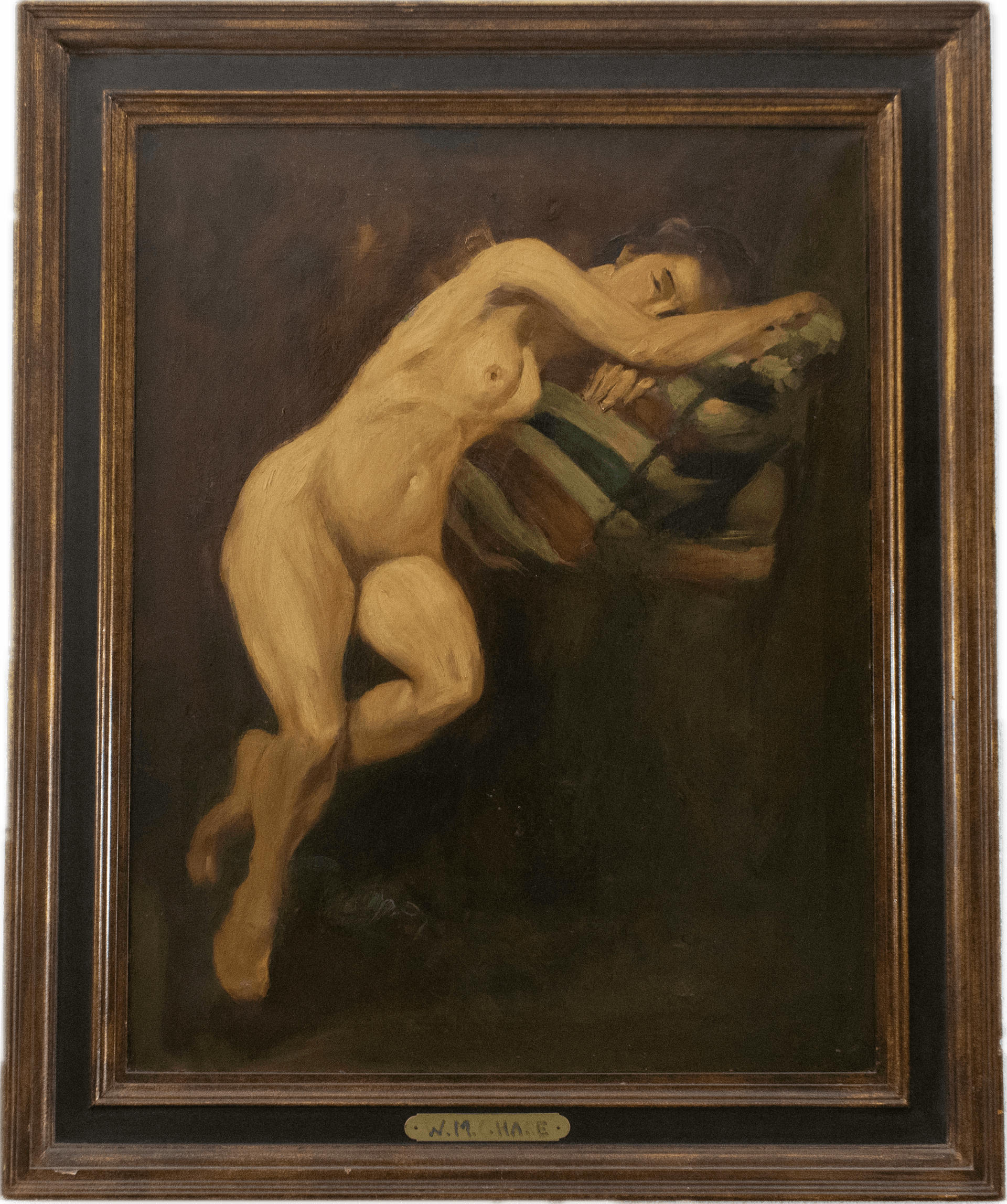 A reclining female figure draped against colorful striped pillows, rendered in warm flesh tones against a dark background with the masterful brushwork and rich textures characteristic of American academic figure painting.