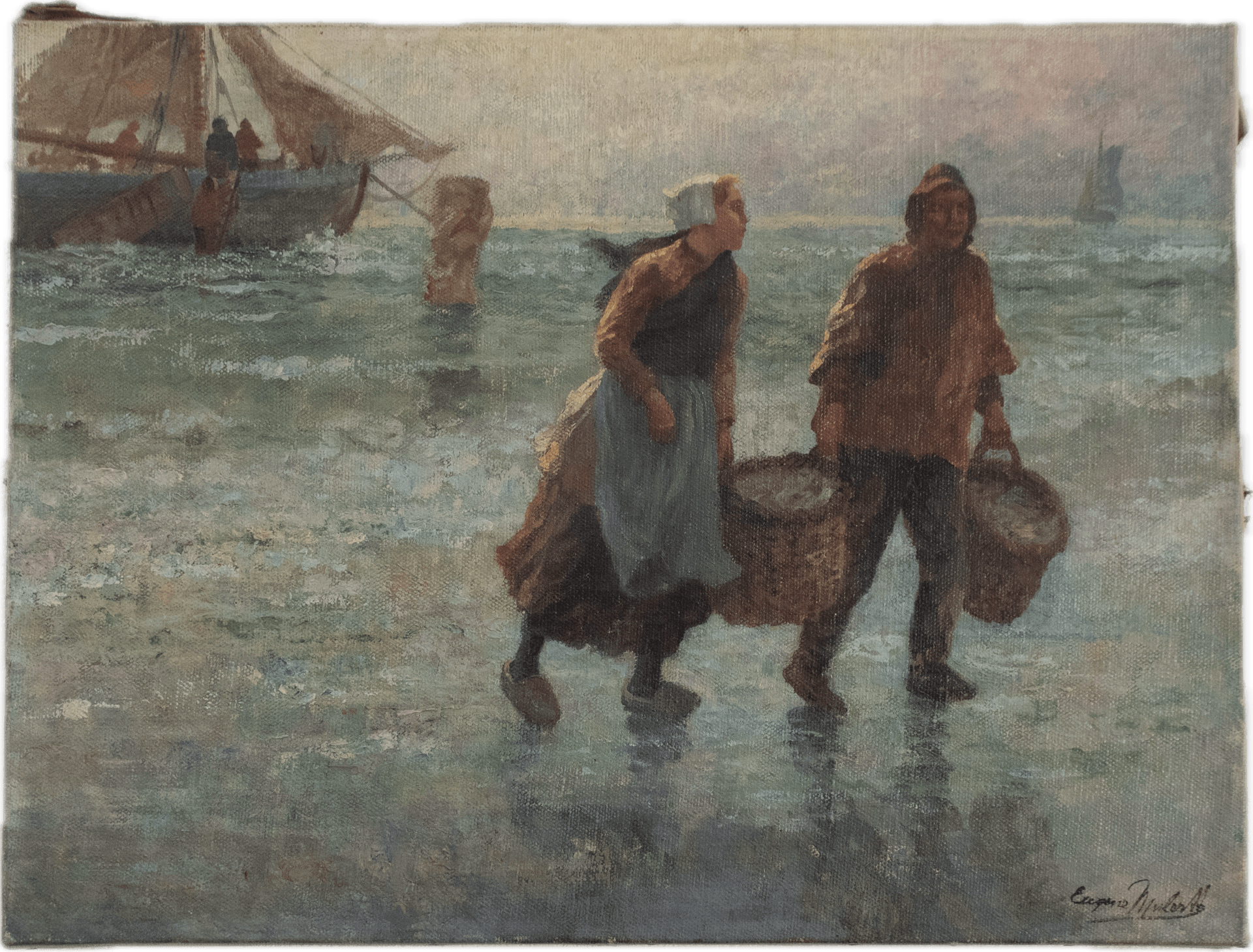 Two figures in heavy work clothes wading through shallow coastal waters carrying baskets, with fishing boats visible in the misty background, painted in soft atmospheric grays and blues of the French Realist tradition.