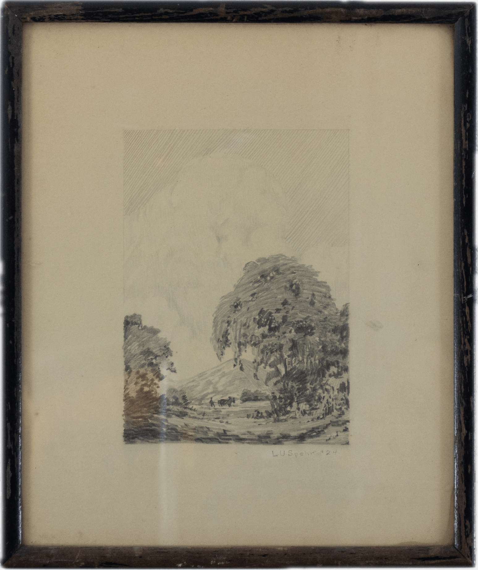 A farmer with a team of draft horses ploughing a field, with trees in the background, etched in fine lines capturing the timeless rhythm of rural agricultural life.