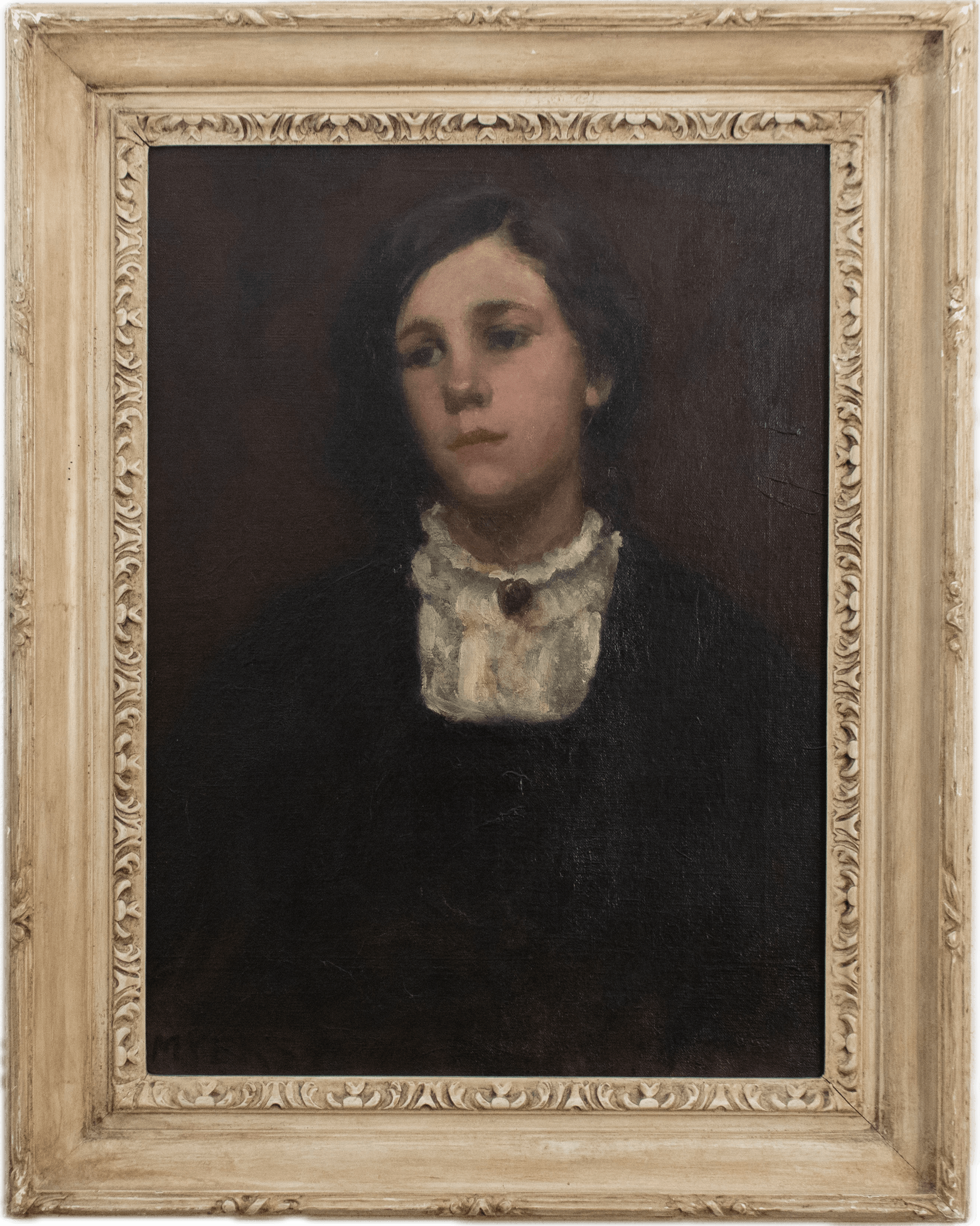 A young woman with dark hair and a pensive expression wearing a black dress with white lace collar and a pendant necklace, portrayed against a dark background in the dramatic tonal style of Ashcan School portraiture.