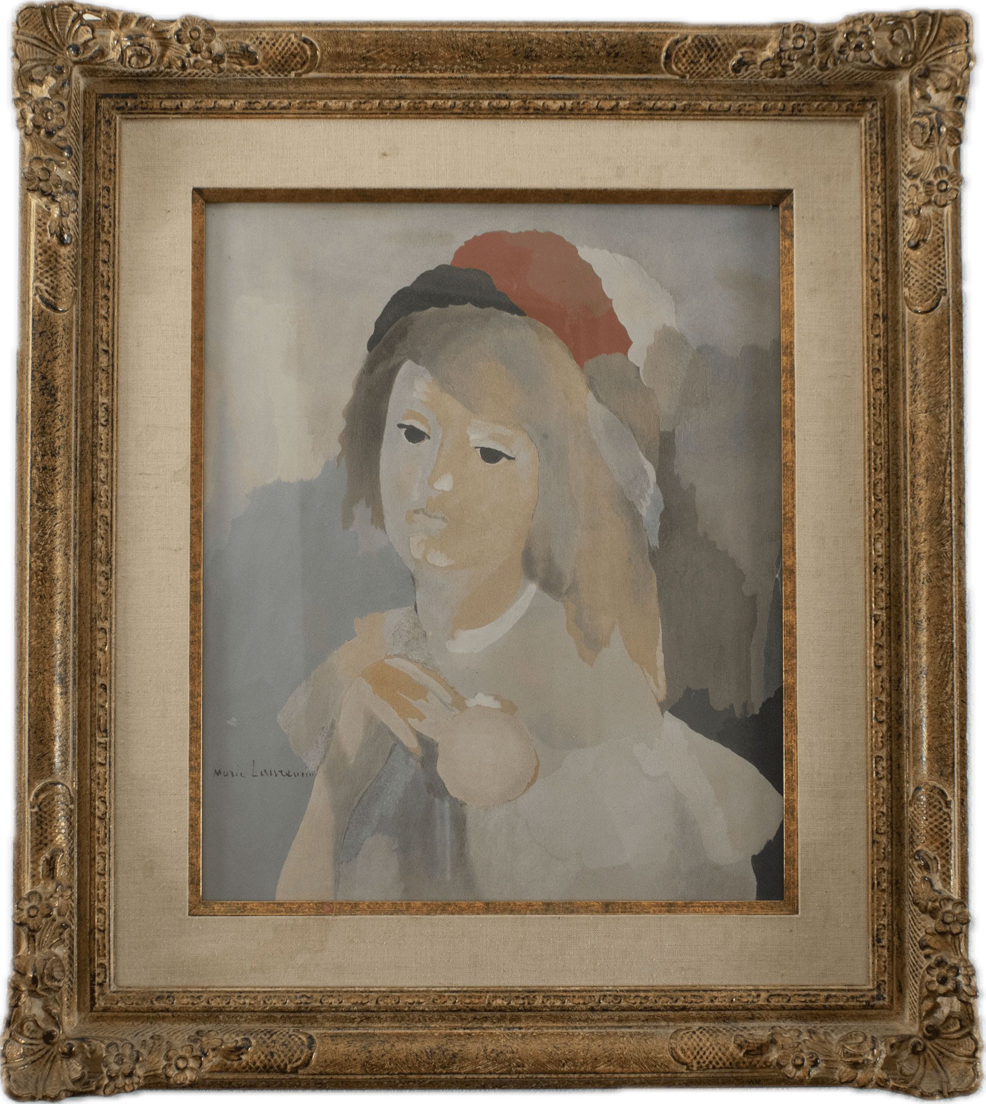 A stylized portrait of a young boy with soft features and dreamy expression, rendered in the characteristic pastel palette of pinks, blues, and muted tones of School of Paris modernism.