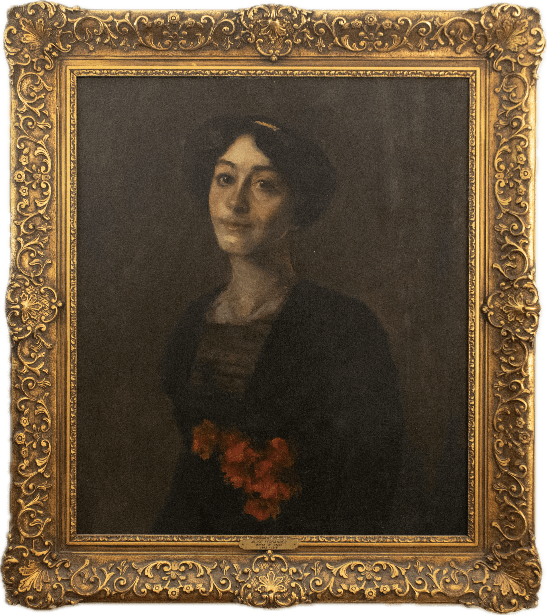 An elegant woman in a dark dress and hat holding a bouquet of orange flowers, her gentle smile and poised demeanor captured against a shadowy background in the refined portrait style of the American Gilded Age.