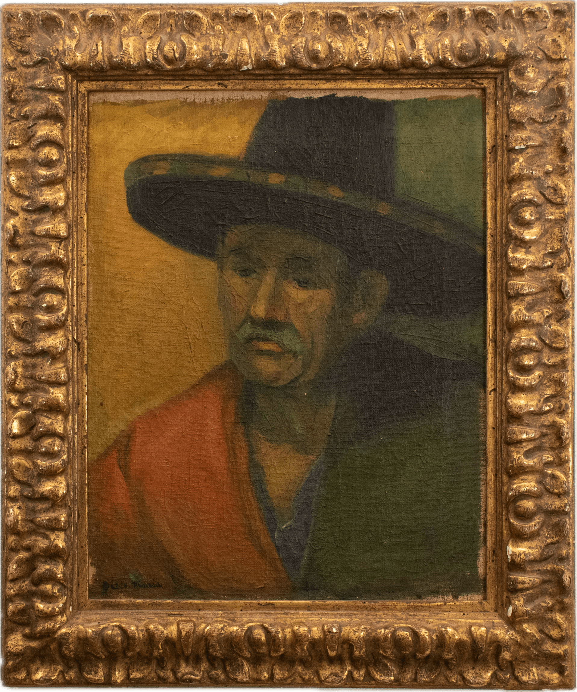 An elderly man with weathered features wearing a wide-brimmed dark sombrero and vibrant orange-red serape, rendered in earthy tones against a muted yellow-green background with bold brushwork characteristic of early Mexican modernism.