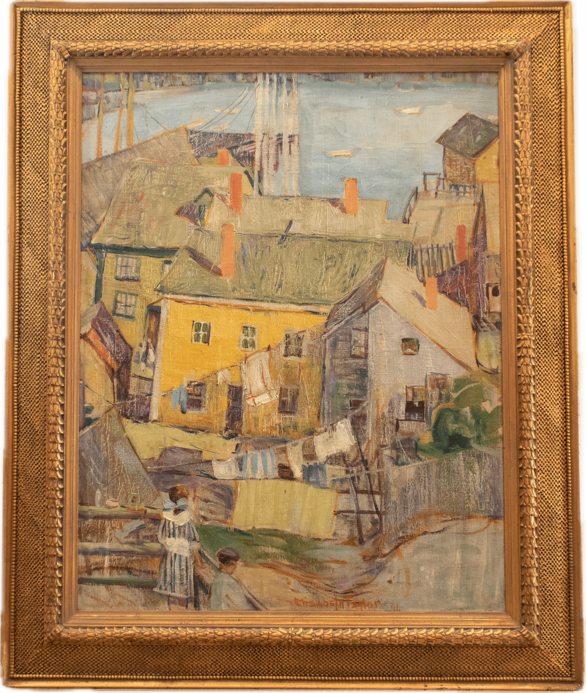 A San Francisco hillside scene with colorful buildings cascading down toward the bay, painted in vibrant California Impressionist colors with bold brushwork capturing the city's distinctive topography.