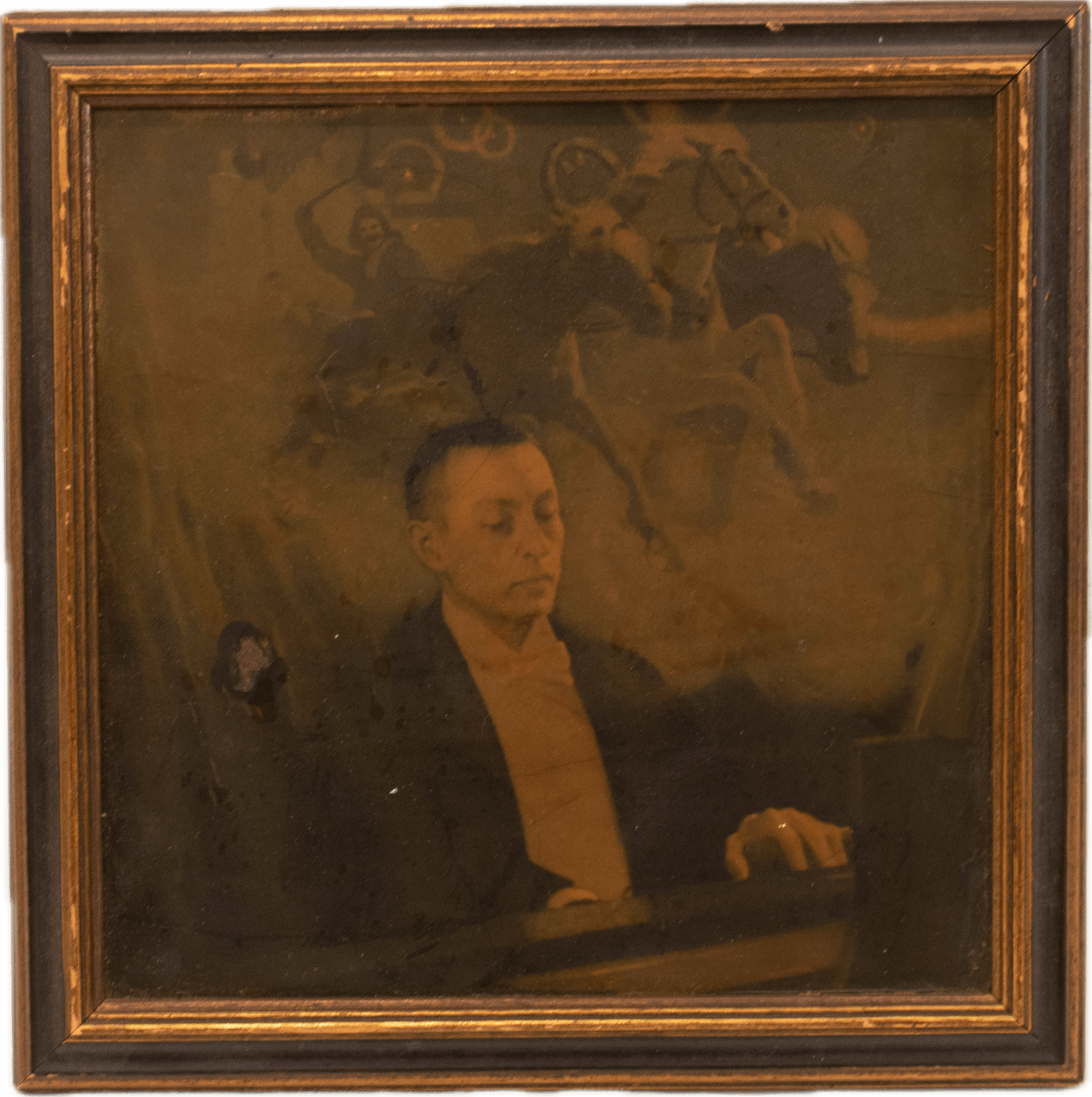 A portrait of legendary Polish pianist and statesman Ignacy Jan Paderewski, captured in a photo-transfer technique showing the virtuoso with his distinctive mane of hair.