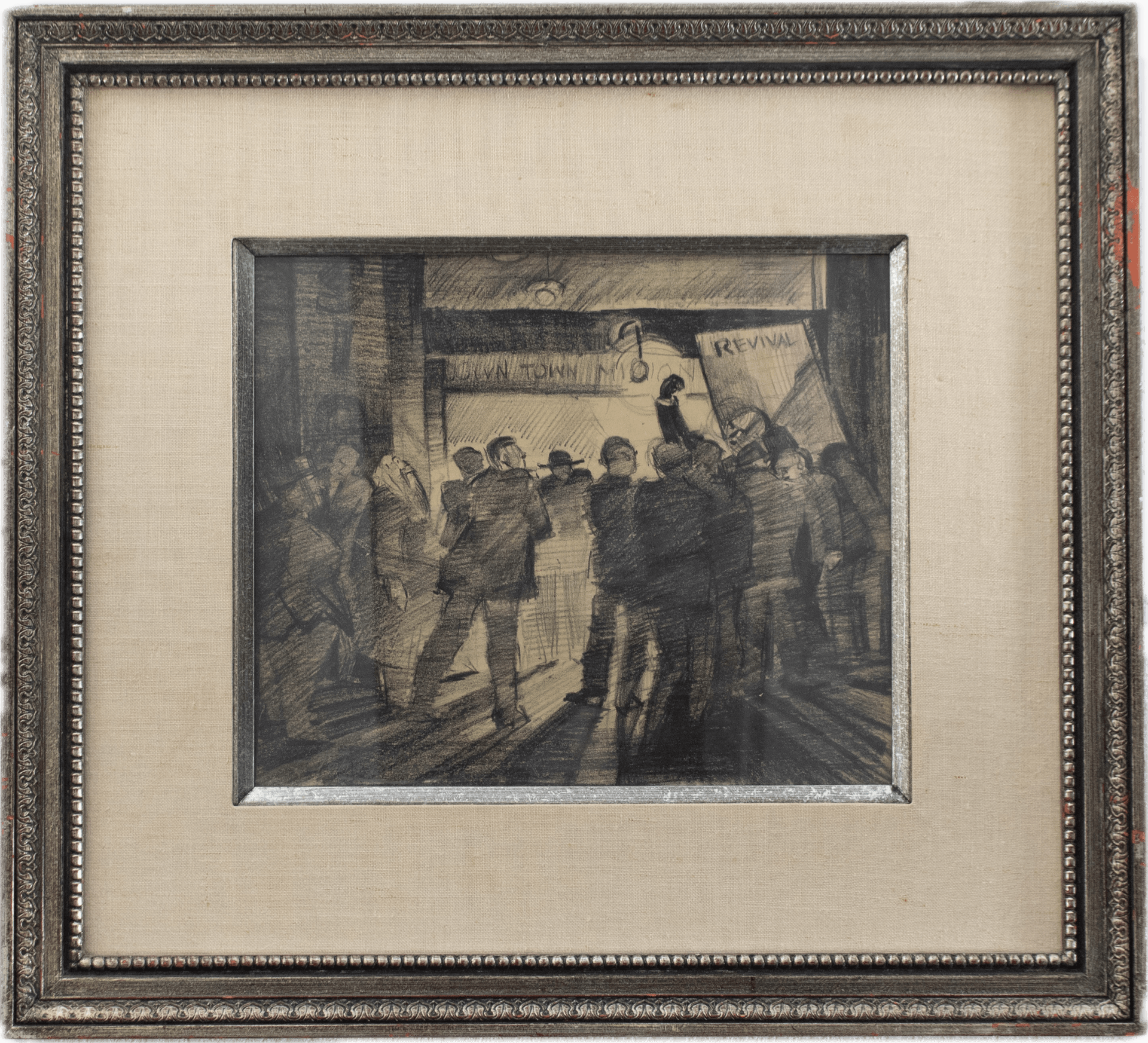 An animated outdoor revival meeting scene with diverse figures gathered under a tent, rendered in warm earth tones with the social observation characteristic of Ashcan School urban realism.