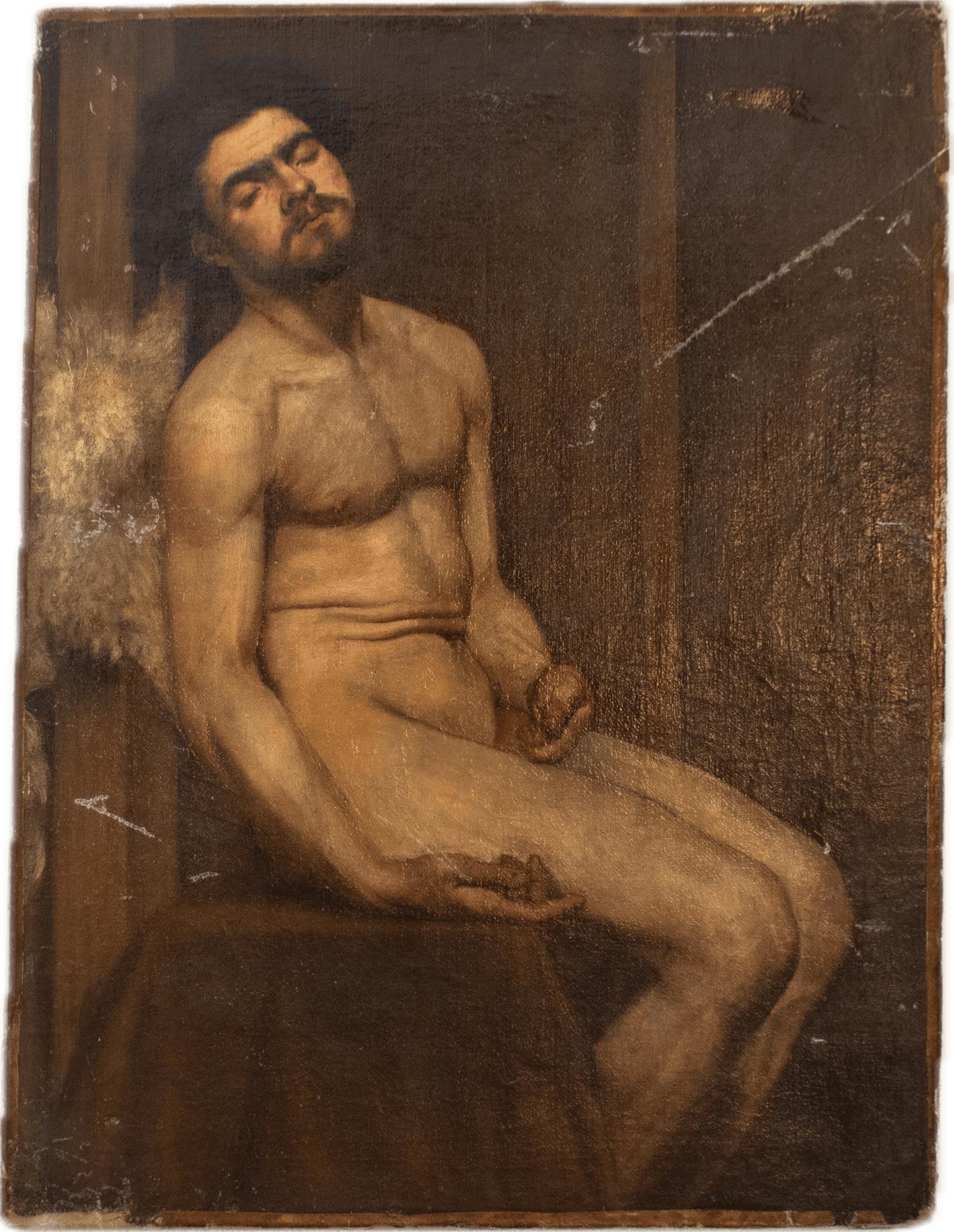 A muscular male figure seated in repose with head tilted back, rendered in warm flesh tones against a dark brown background, demonstrating classical academic figure study with confident anatomical rendering.