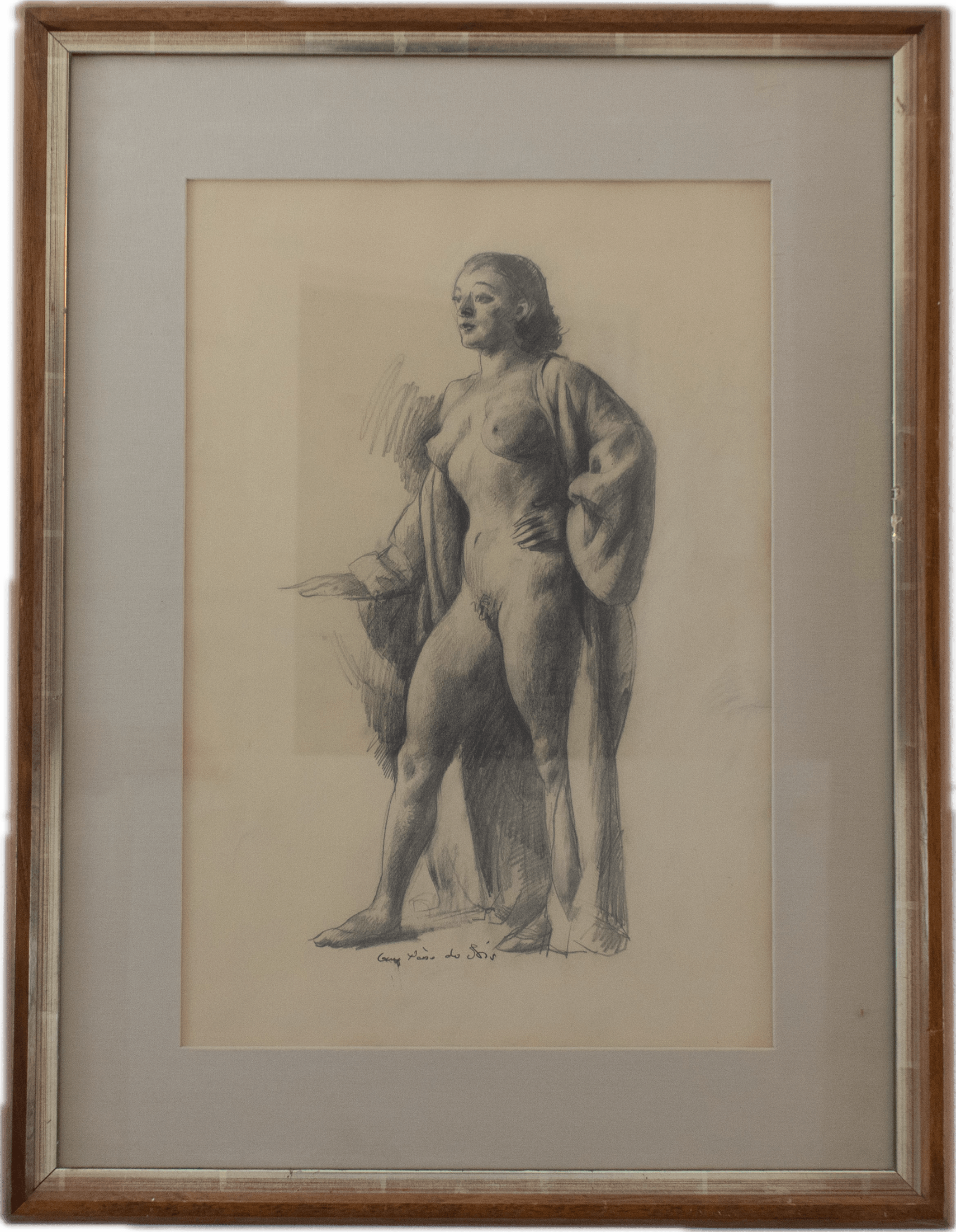 A confident standing female figure in classical contrapposto pose, rendered in precise pencil lines demonstrating strong academic draftsmanship and anatomical understanding.