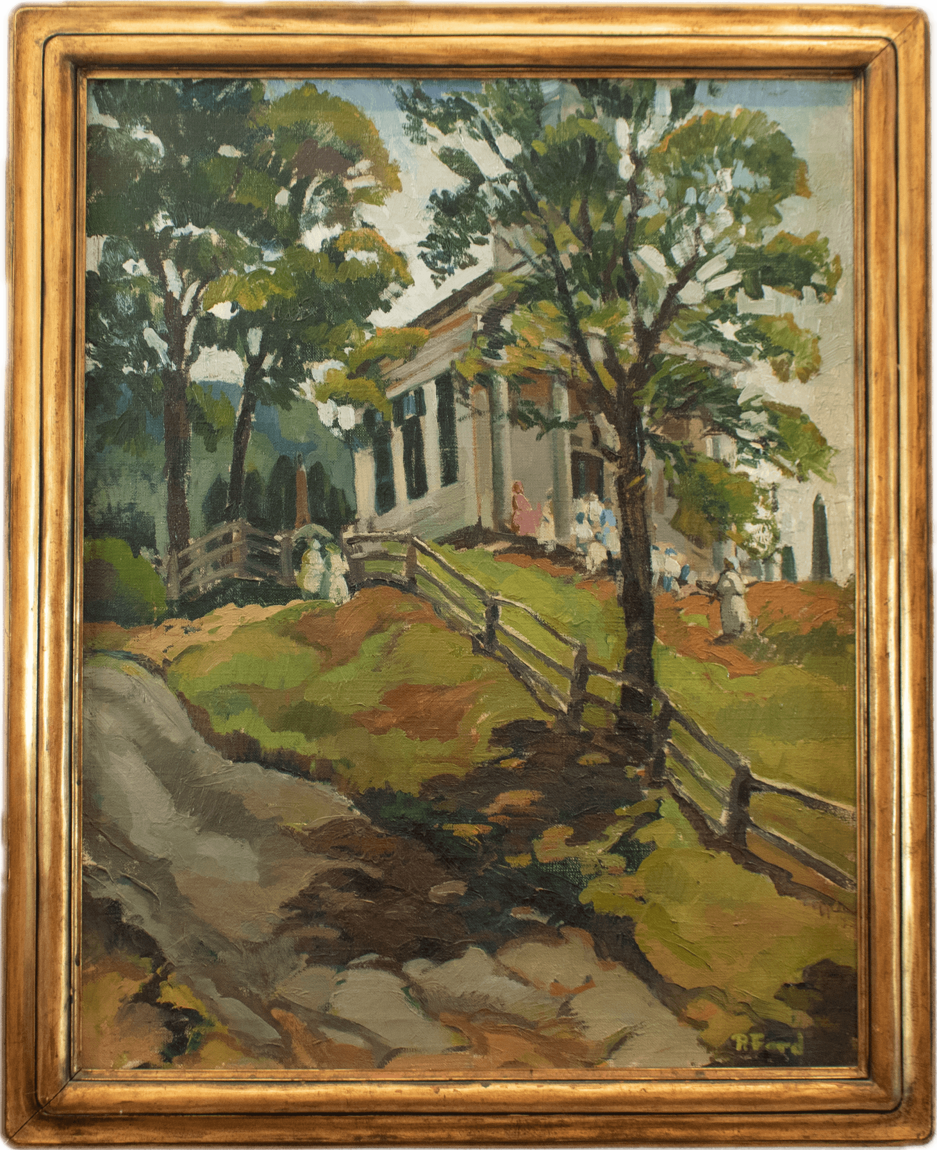 A white country church with columned porch amid lush green summer trees, with figures gathering outside, painted in bright greens and earth tones with expressive American Regionalist brushwork.