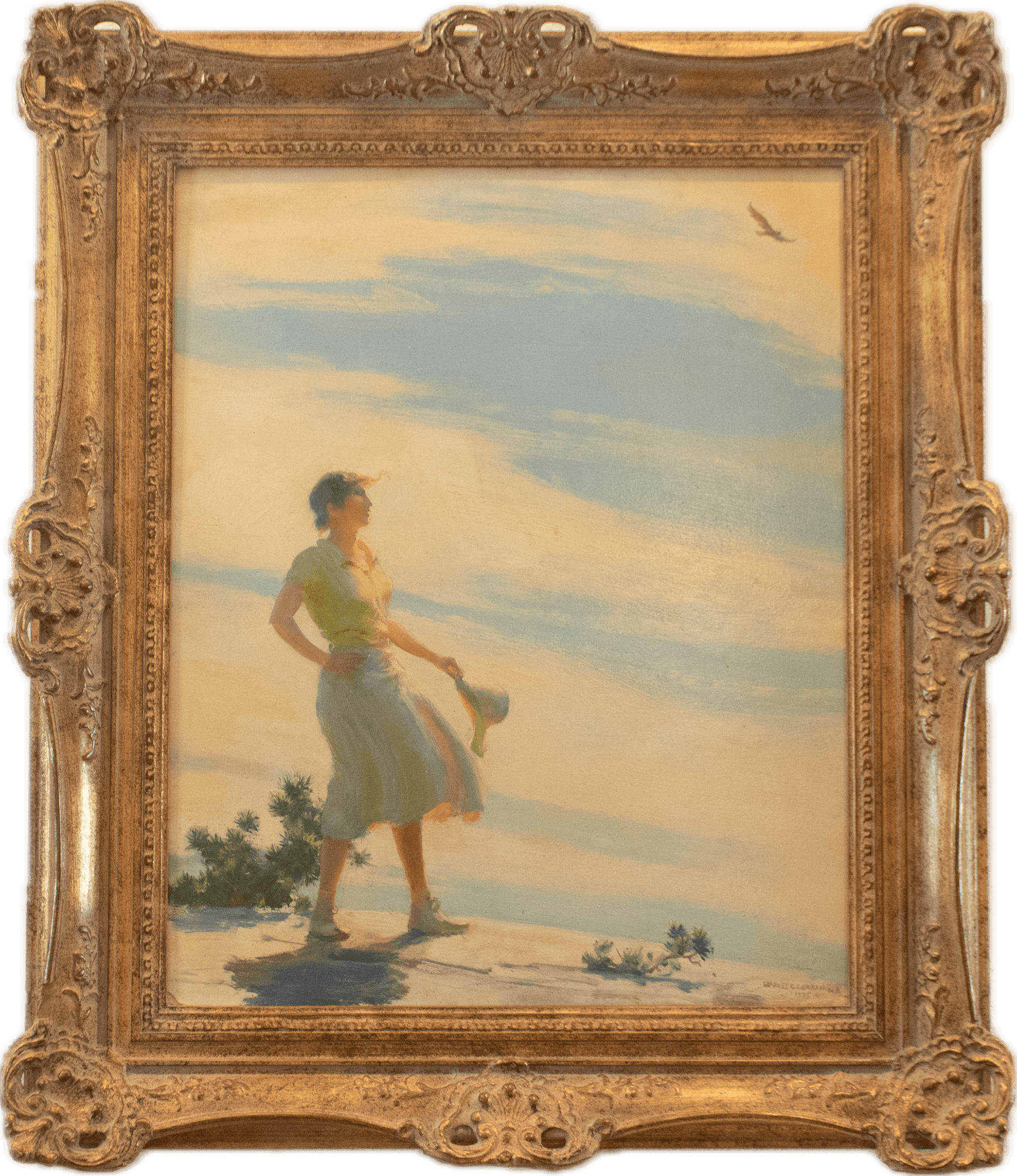 A young woman in a yellow blouse and flowing white skirt standing on a sunlit cliff holding a straw hat, gazing into the distance against a luminous sky with soft clouds, exemplifying American Impressionist plein air portraiture.