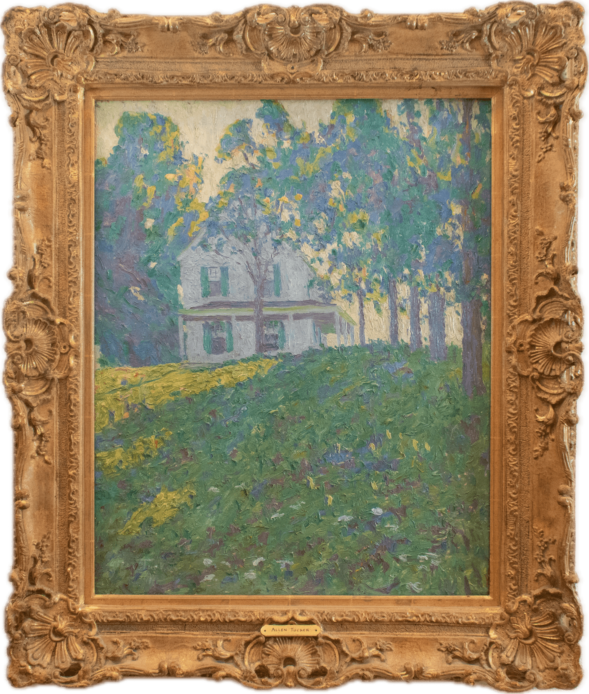A white Connecticut farmhouse nestled among tall trees on a verdant hillside, rendered in dappled blues, greens, and purples with expressive Post-Impressionist brushwork reminiscent of Van Gogh's influence on American modernism.