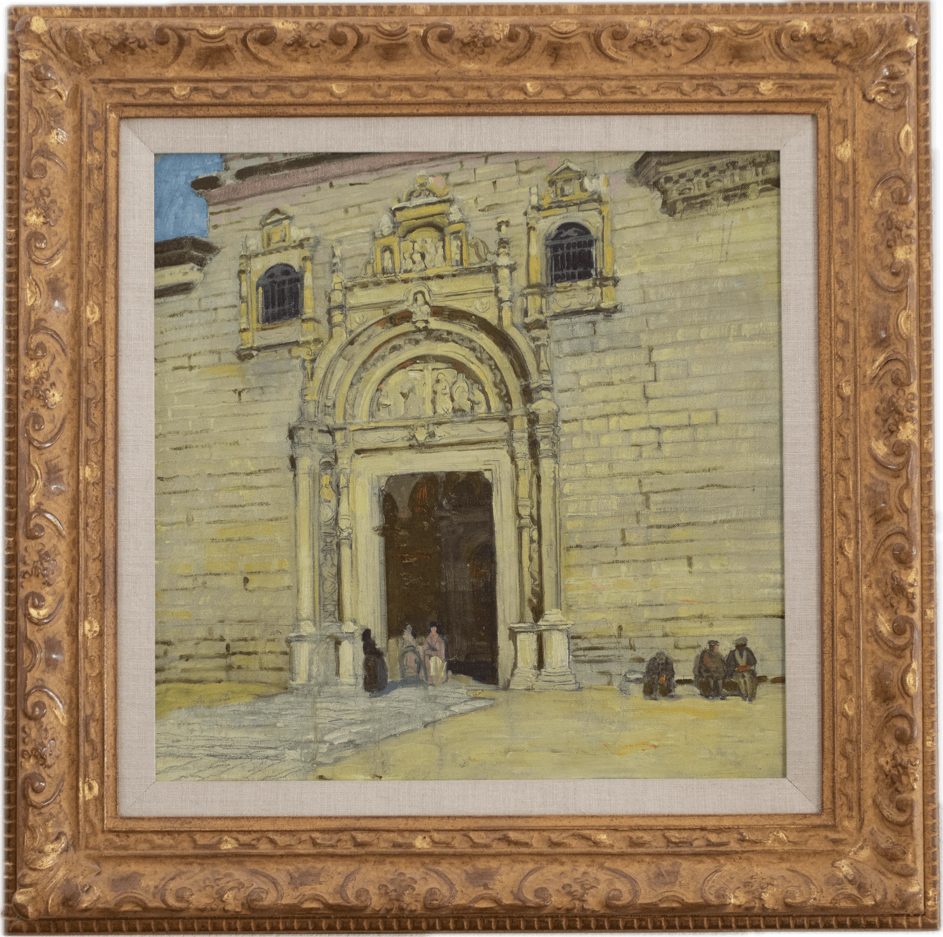 An ornate Renaissance cathedral entrance in Toledo with elaborate carved stonework and arched doorway, small figures gathered at the base, painted in warm ochres and cream tones capturing the grandeur of Spanish ecclesiastical architecture.