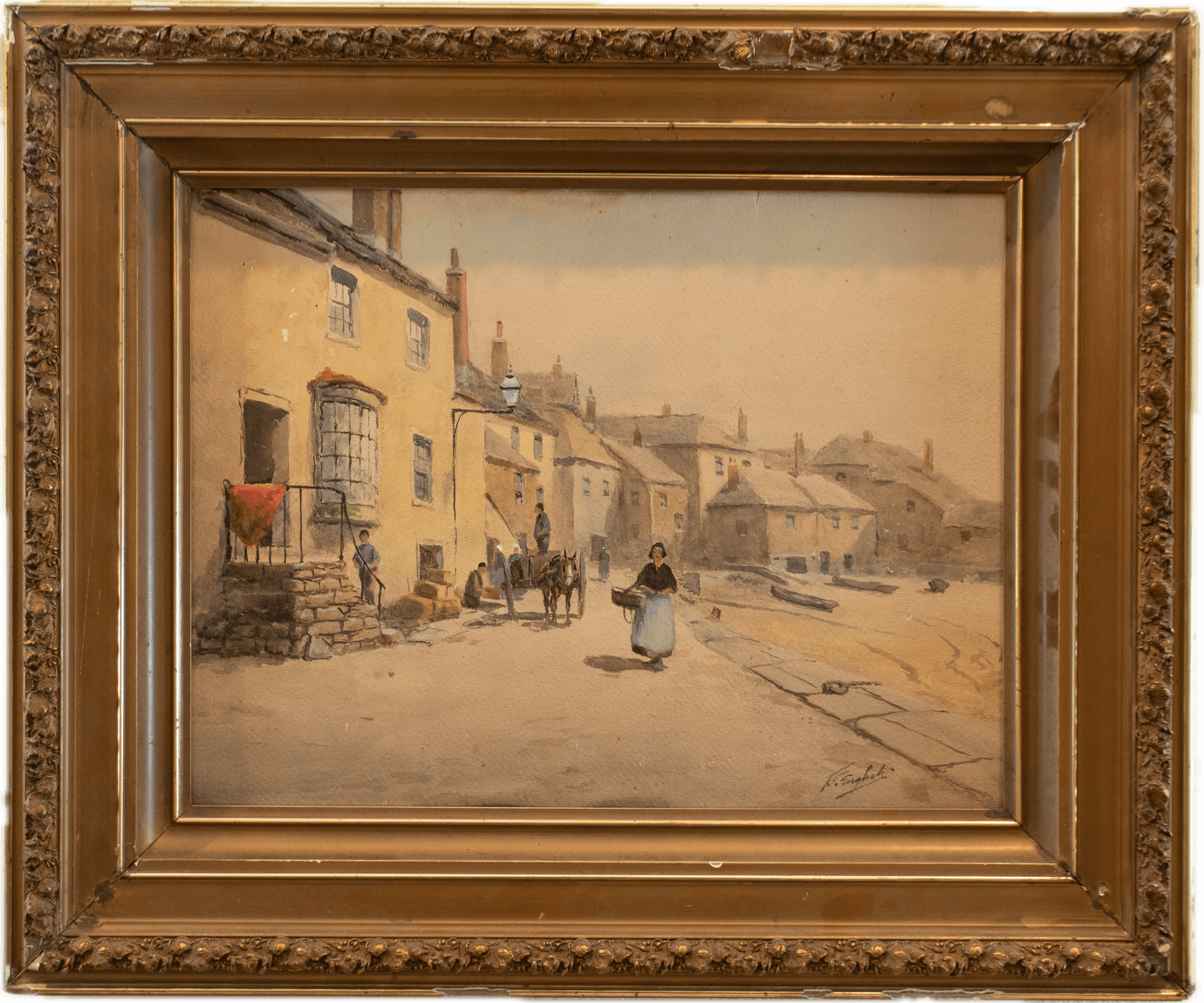 An English village street scene with stone cottages, a woman walking with a donkey, and figures going about daily life, rendered in soft watercolor tones of cream, gold, and gray in the British topographical tradition.