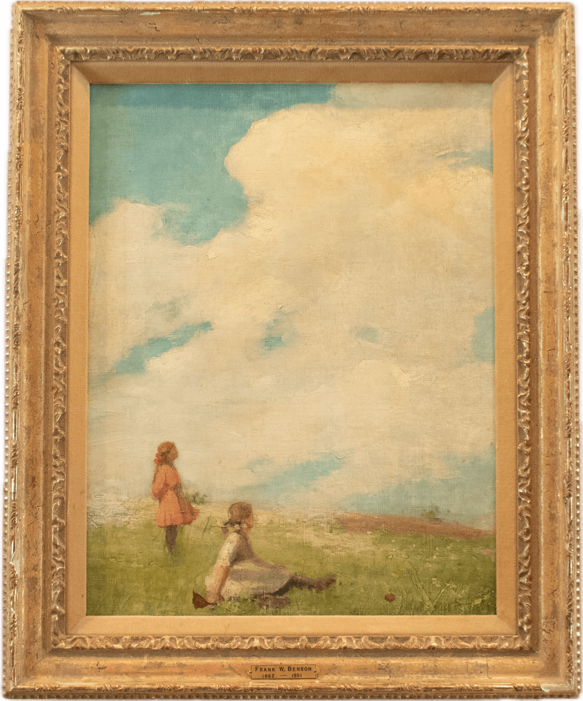 Two young girls in summer dresses on a grassy hillside beneath a vast sky filled with billowing white clouds, capturing the luminous outdoor light and carefree spirit characteristic of Boston School American Impressionism.
