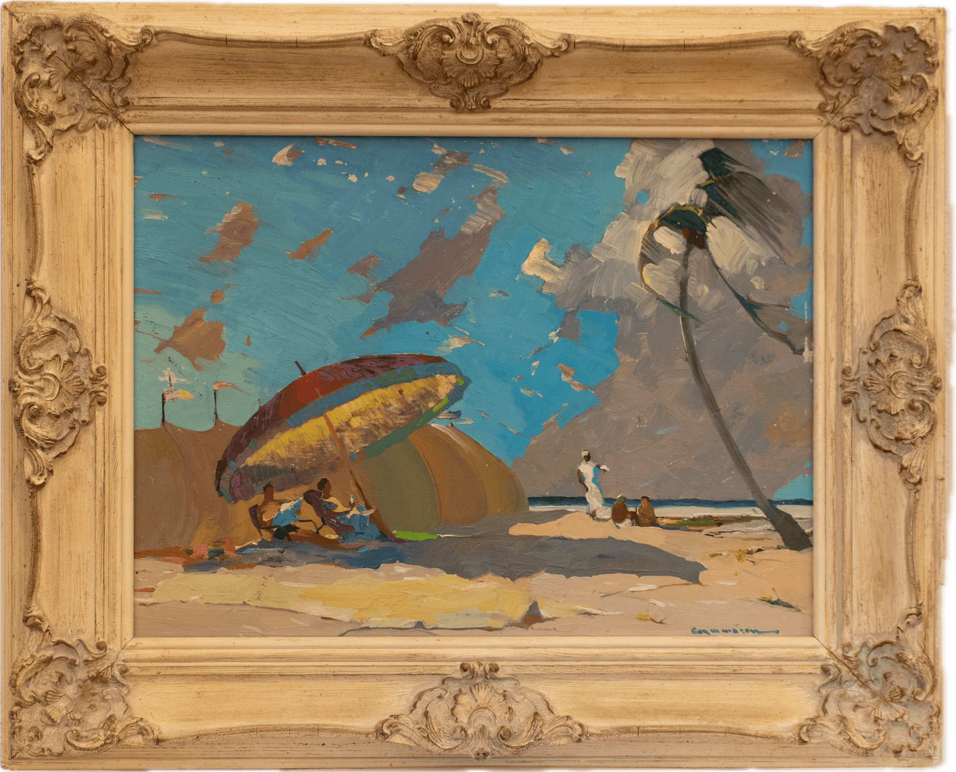 Figures lounging beneath a large colorful beach umbrella on white sand with a palm tree bending in the tropical breeze, dramatic clouds streaking across a turquoise sky, painted with bold impasto brushwork and vibrant coastal colors.