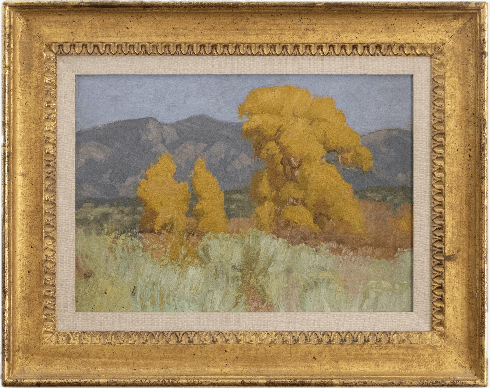 Brilliant yellow cottonwood trees ablaze with autumn color rising from sage-green brush, with purple-blue Sangre de Cristo mountains in the background under a soft lavender sky, painted in the vibrant palette of the Taos School.
